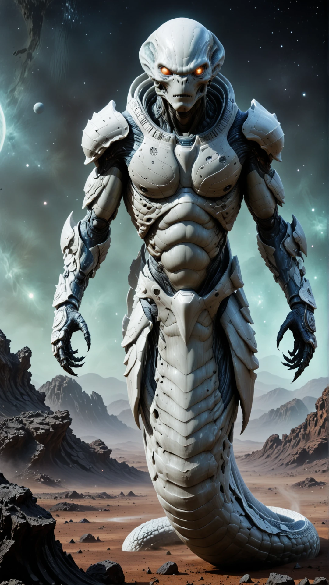 <lora:NagaSDXL:1>naga, full body, alien creature, sci-fi background, alien planet White, fragments,Nebulous horizons