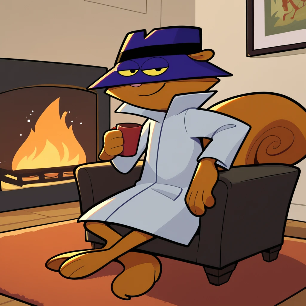 score_9,score_8_up,score_7_up, 1boy, SSSSQ, squirrel, spy hat, trench coat, full body, 
In a living room, holding a steamy mug, ((sitting in a fancy sofa chair)), ((near fireplace)), relaxed smile