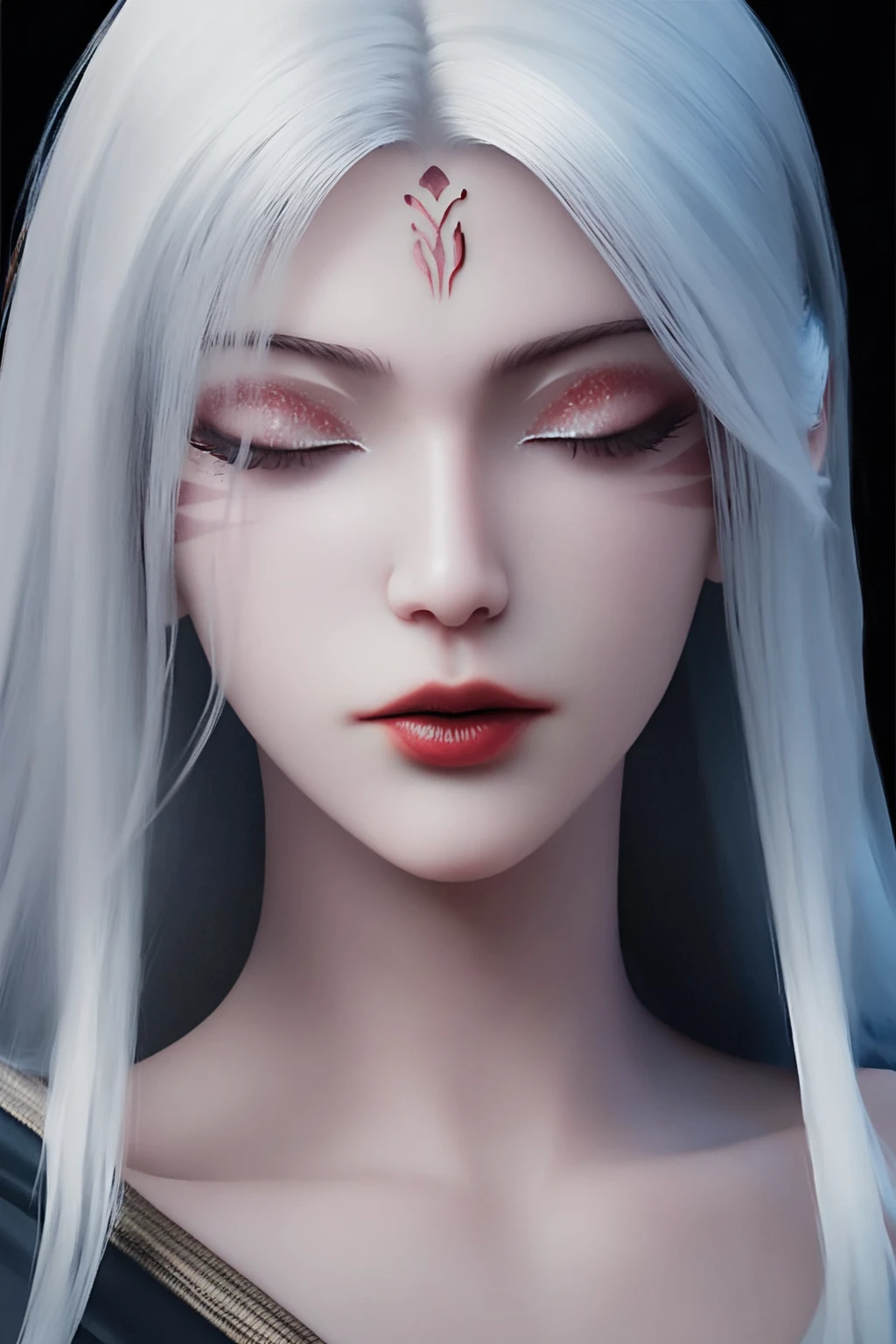 score_9,score_8_up,score_7_up,
<lora:XiaoBai_Pony:1>,
xiaobai,1girl,closed eyes,white hair,long hair,solo,eyelashes,lips,red lips,facial mark,close your eyes and rest,parted lips,Character details,realistic,makeup,close-up,portrait,nose,forehead mark,blurry,simple background,raising your hair with your hands,facial detail description,shining eye shadow,black background,