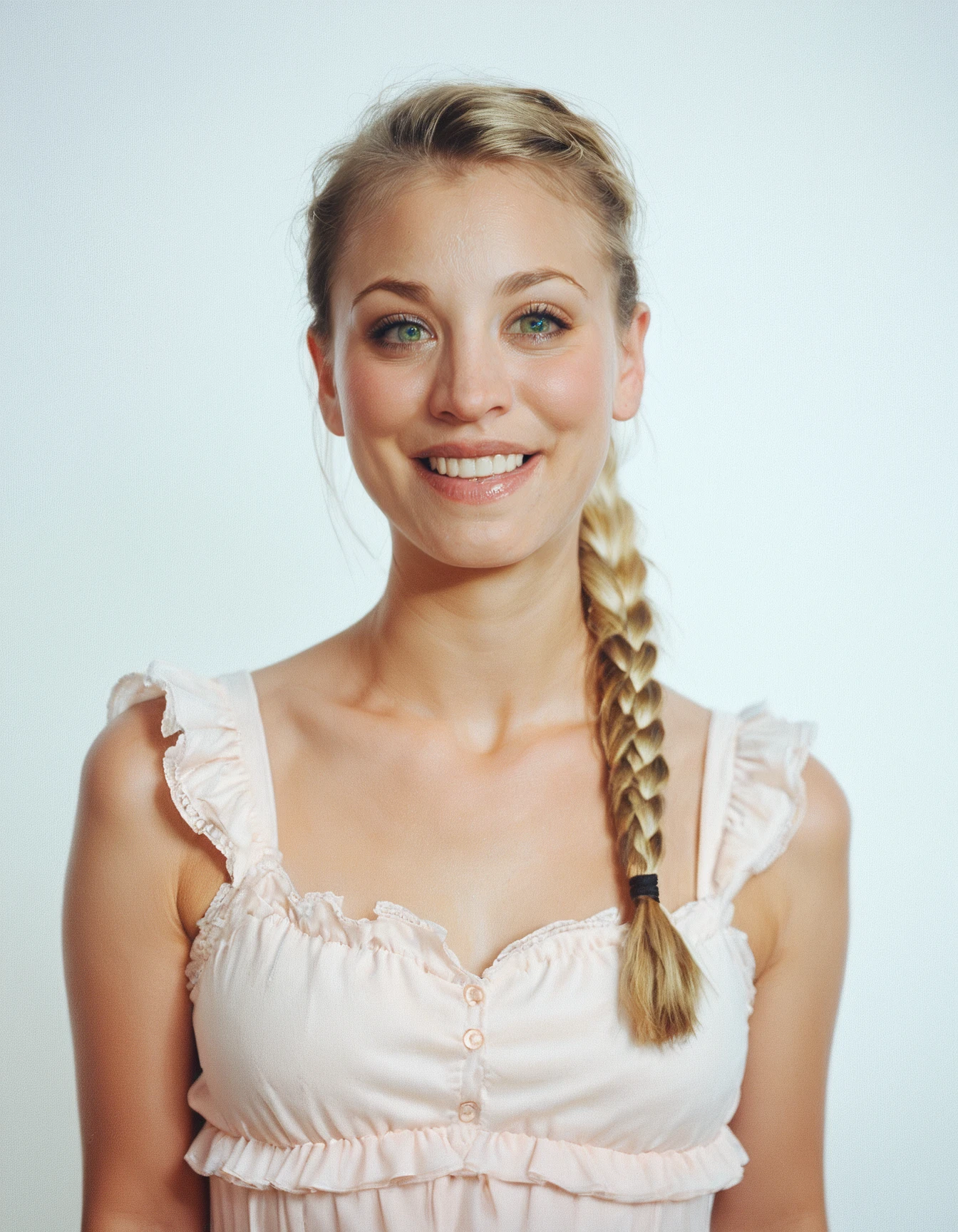 score_9, score_8_up, score_7_up, ohwx, 1girl, slim, realistic, portrait, happy, blonde braided ponytail, (green:0.2) eyes, <lora:CrunchyBanana_PONY_dora_kaley_cuoco:1>, white background, frilled dress, rating_safe