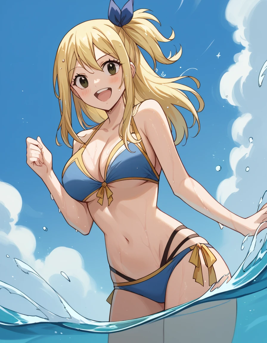 score_9, score_8_up, score_7_up, source_anime, lucyheartfilia, <lora:lucy-heartfilia-s7-ponyxl-lora-nochekaiser:1>, lucy heartfilia, blonde hair, brown eyes, long hair, one side up, ribbon, hair ribbon, blue ribbon, large breasts,, <lora:multi-strapped-bikini-ponyxl-lora-nochekaiser:1>, multi-strapped bikini, bikini swimsuit,, beach, wet, navel, stomach, submerged, splashing, smile, blush, open mouth,, dutch angle, cowboy shot,