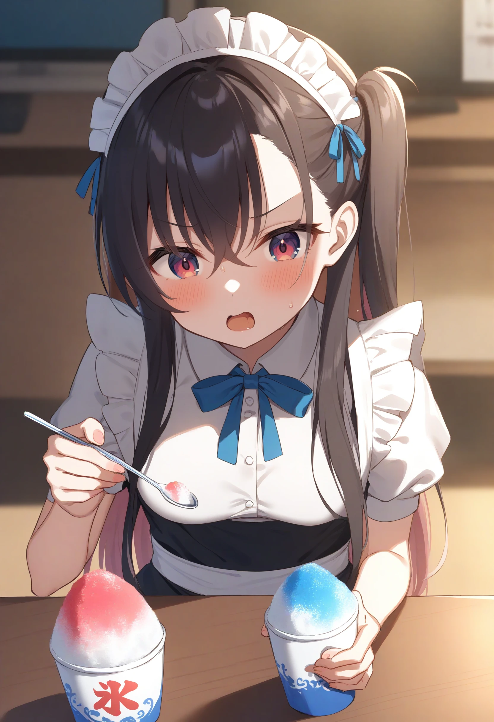 1girl,sincos, ningen mame, toosaka asagi,solo,large breasts,20yo,maid,maid headdress,
shaved ice,<lora:shavedice_XL_v1:0.8>
holding drinking straw, spoon straw, eating,
from behind, panorama shot, looking down, black hair, brown eyes,confused, music room, open mouth, one side up hair,,
best quality, very aesthetic, absurdres