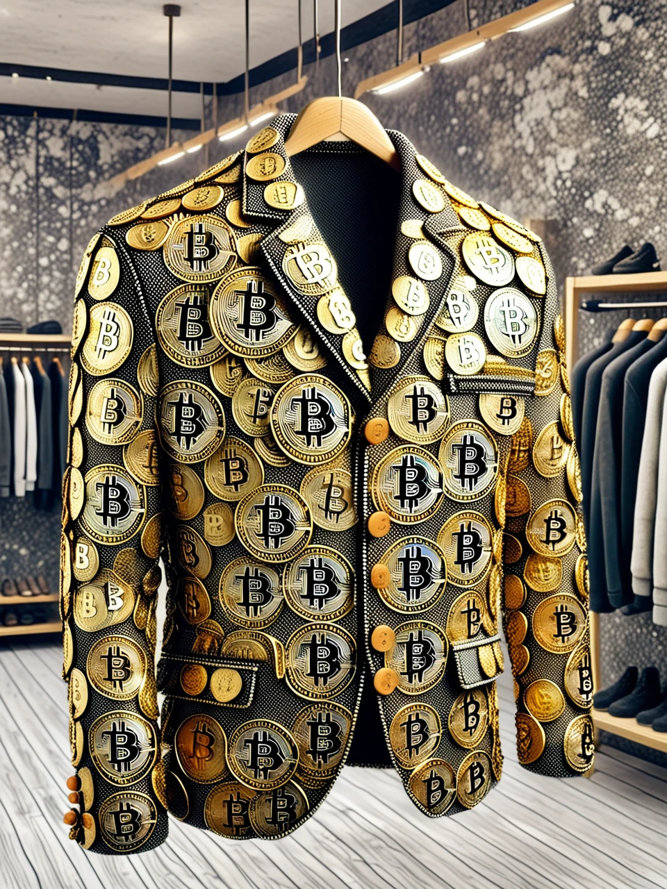 bitcoined jacket hanging in a shop, detailed hyperrealism, masterpiece, neo-expressionist, film grain, , dark, , energy-filled illustration