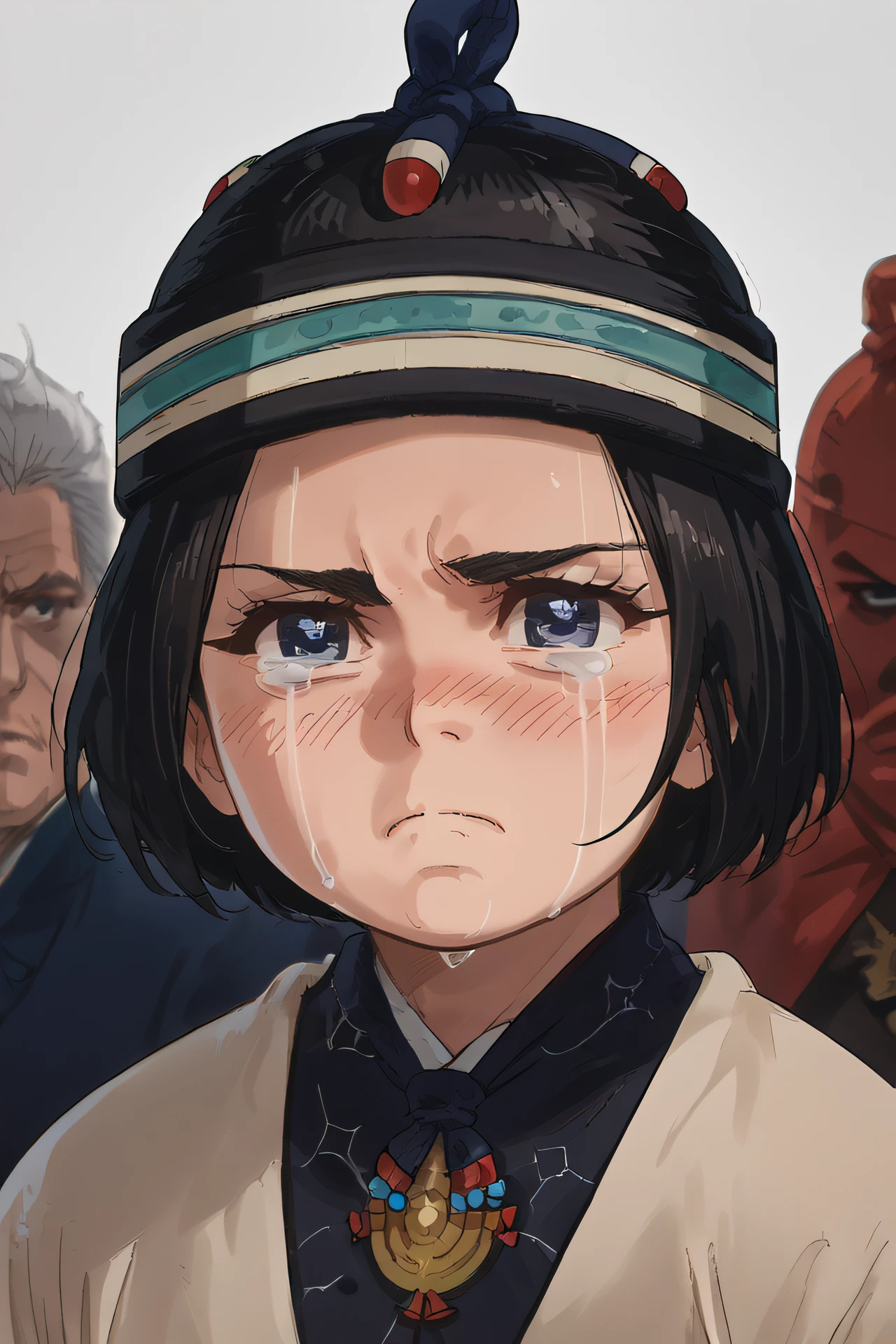 score_9, score_8_up, source_anime,
enonoka, blue eyes, short hair, black hair,
ainu hat, ainu clothes, jewelry, necklace,
parody, parody face, tears, frown, crying with eyes open, blush,
<lora:Smooth Style 2 SDXL_LoRA_Pony Diffusion V6 XL:0.8> <lora:enonoka:.9>