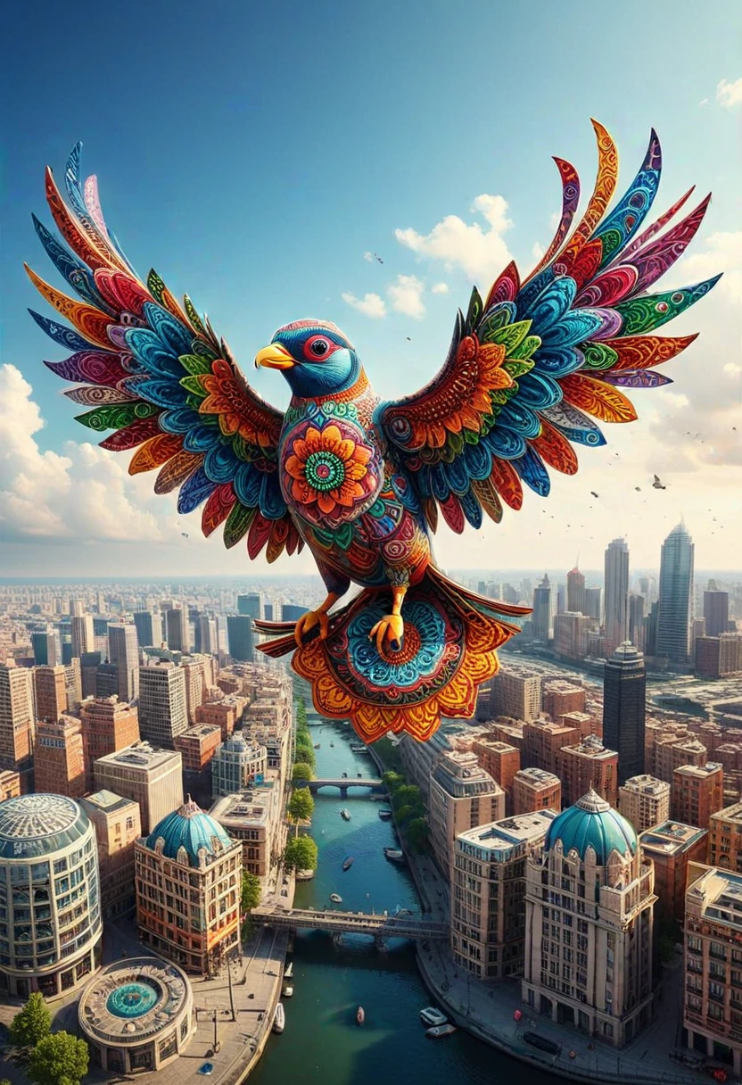 M4ND4L4S, bird made of colorful mandalas, flying over a city, ,Masterpiece,best quality, photo, realistic, very aesthetic