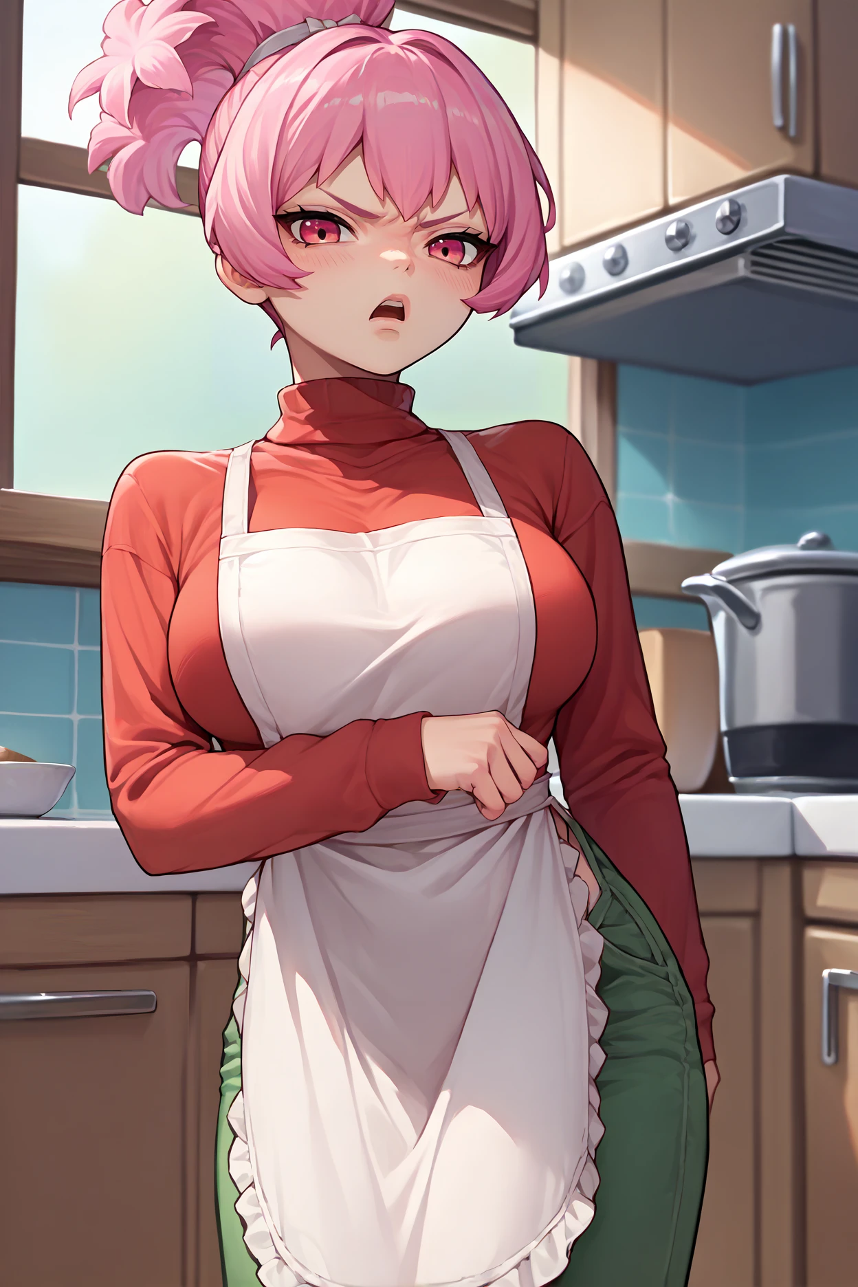 score_9, score_8_up, score_7_up, score_6_up, source_anime, 1girl, solo, <lora:dshomura-pdxl-nvwls-v1:1> dsHmra, pink hair, ponytail, big breasts, white apron, red sweater, turtleneck, green pants, kitchen, looking at you, annoyed, open mouth, blush