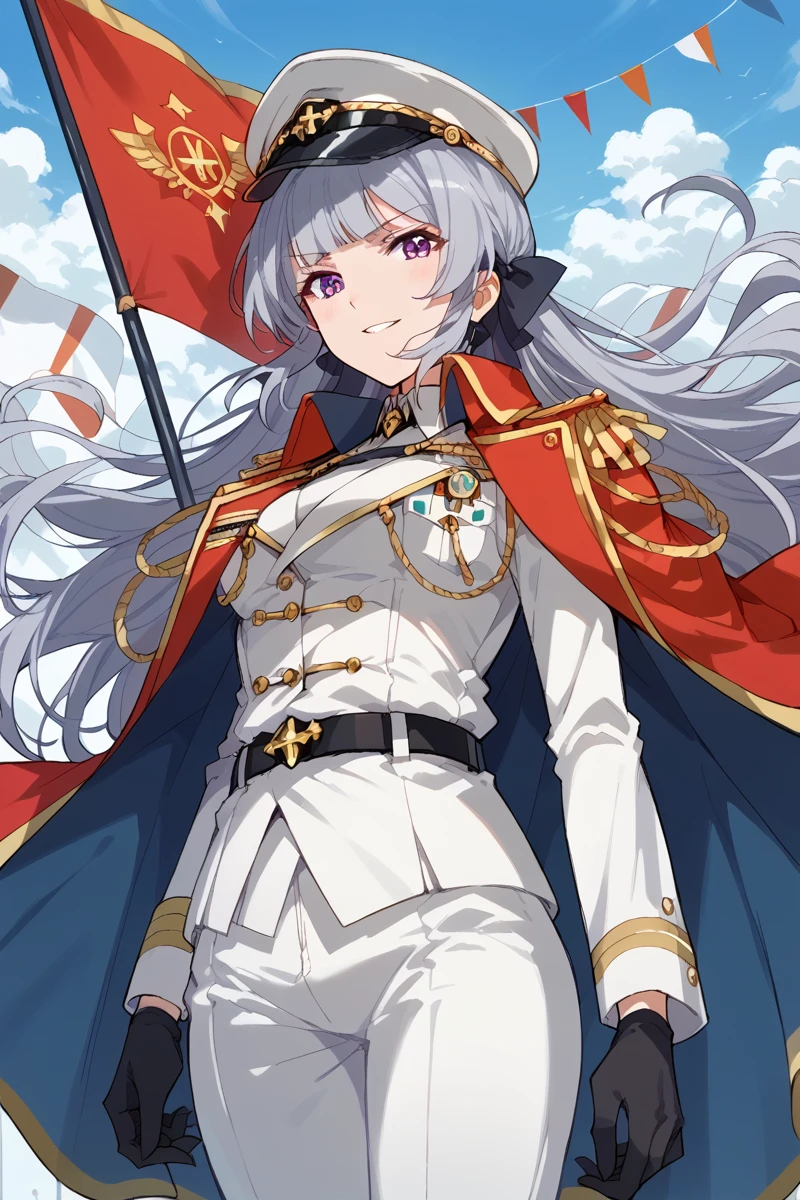 score_9, score_8_up, score_7_up, score_6_up, 1girl,
 <lora:Akira_Yukishiro:0.9> akira, grey hair, white uniform, solo, hat, gloves, military uniform, military, long hair, epaulettes, black gloves, pants, purple eyes, banner, cape, red lapels,