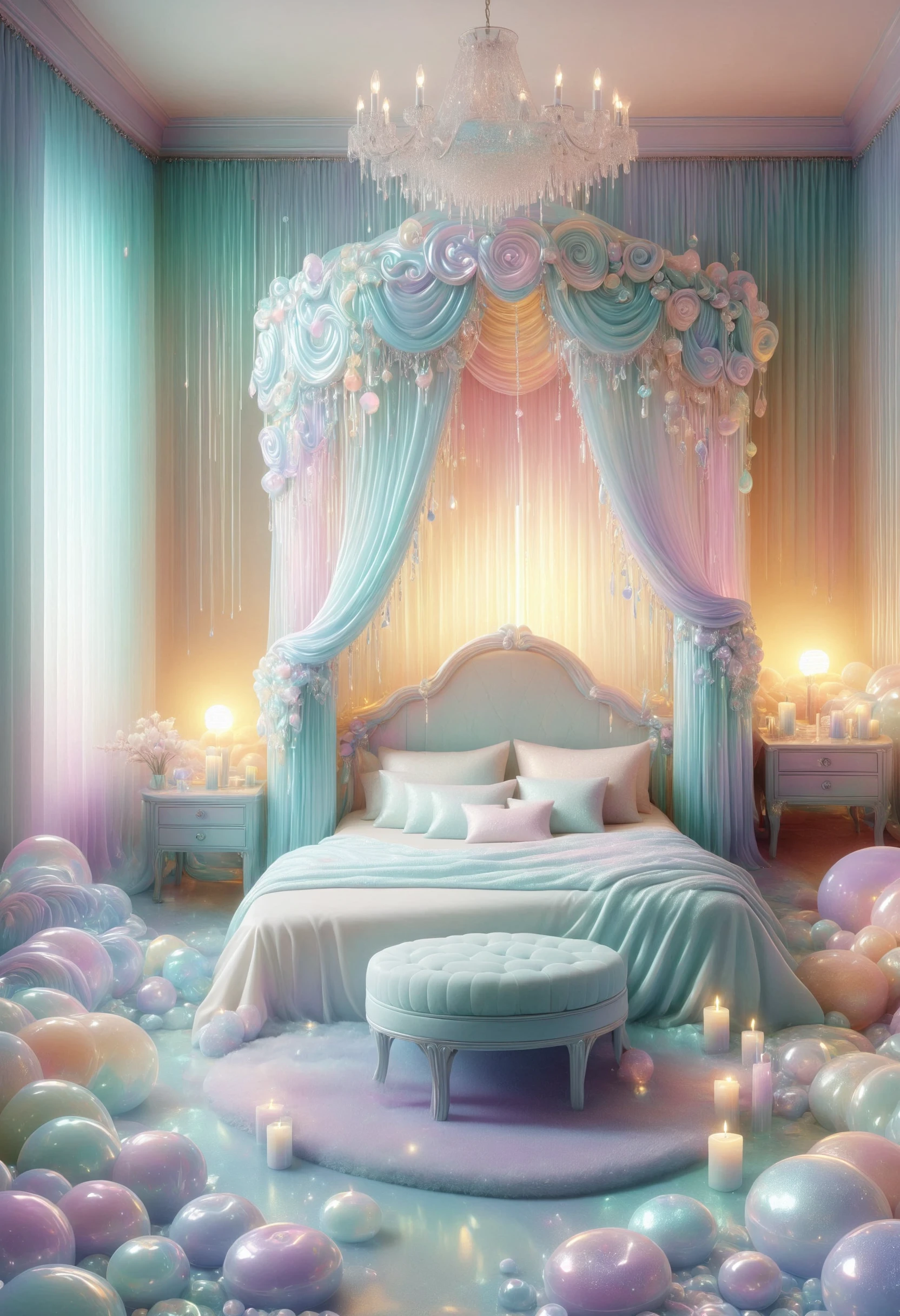 Craft a serene bedroom setting: iridescent jelly bed with (fluffy:1.1) pillows, (soft:1.1) ambient lighting, (peaceful:1.2) color palette, (dreamy:1.1) curtains, (gentle:1.1) breeze through open windows, made out of iridescent jelly, <lora:PinkieIriJllySDXL-v1:1>, p1nk1r1j3lly,