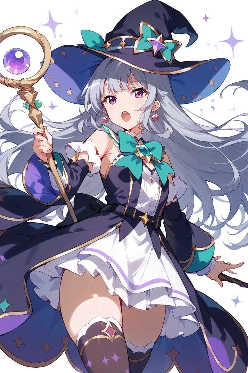 score_9, score_8_up, score_7_up, score_6_up, 1girl, absurdres,
 <lora:Akira_Yukishiro:0.9> akira, grey hair, hat, long hair, solo, purple eyes, thighhighs, witch hat, earrings, open mouth, magical girl, jewelry, detached sleeves, staff, wand