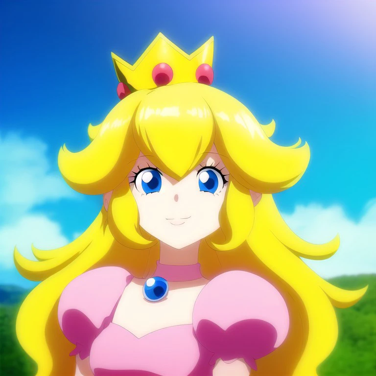 hk_as, anime screencap, 1girl, solo focus, princess peach, blonde hair, blue eyes, long hair, crown, body portrait, smiling, sunny, blue sky, pink dress, dress, gem, puffy short sleeves, puffy sleeves, short sleeves