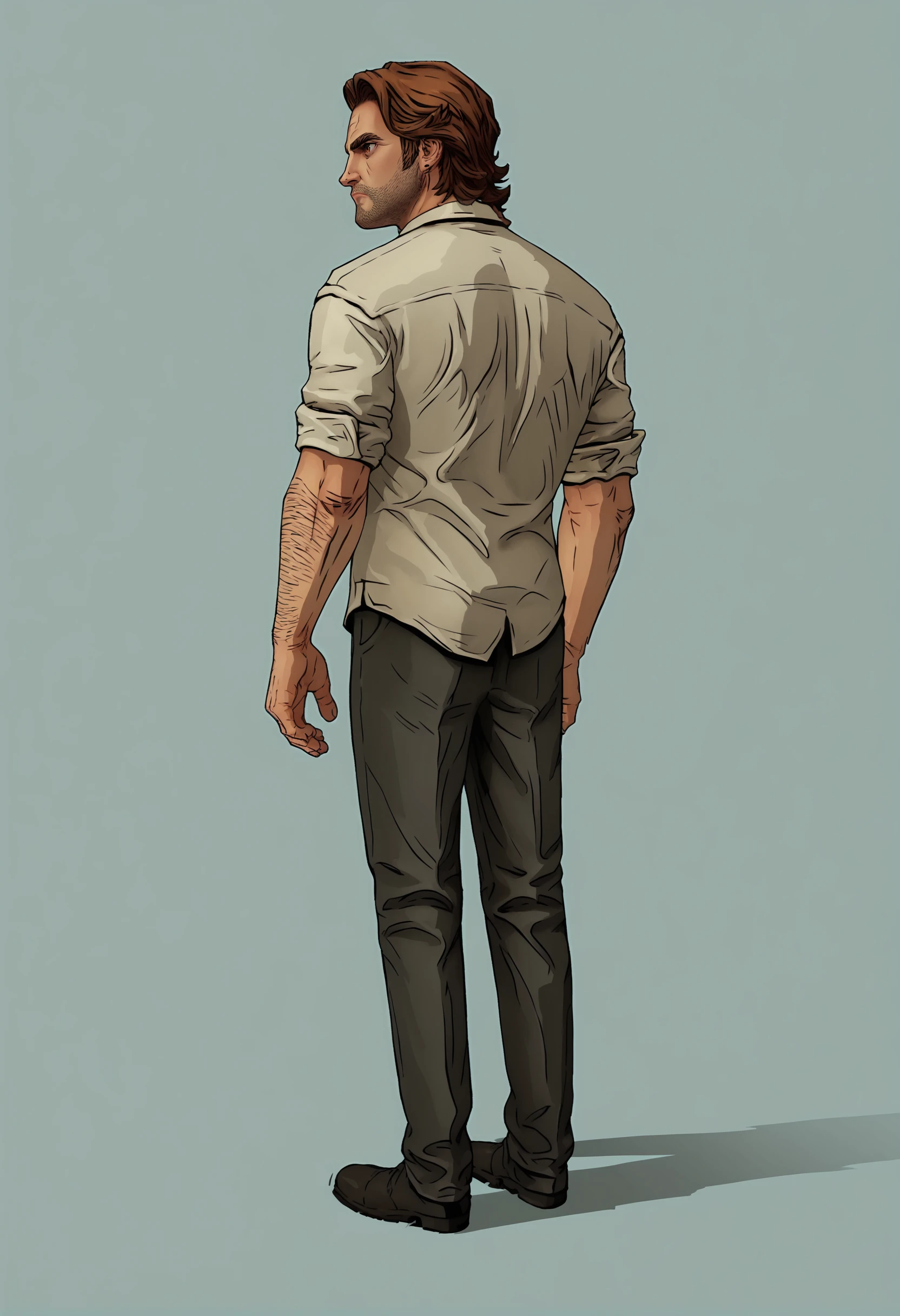 score_9, score_8_up, score_7_up, score_6_up, score_5_up, score_4_up, 1boy, <lora:BigbyWolf:0.85> solo, brown hair, facial hair, brown eyes, stubble, shirt, pants, black necktie, collared shirt, arm hair, full body, standing, from behind, looking back, 
(light blue background), simple background,