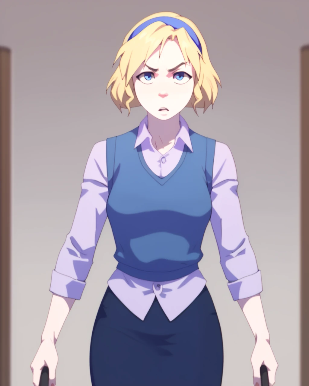 Score_9, score_8_up, score_7_up, BREAK, solo, 1girl, sarah dubois, short hair, blonde hair, blue hairband, blue sweater vest, long sleeve purple shirt, pencil skirt, heels, front view