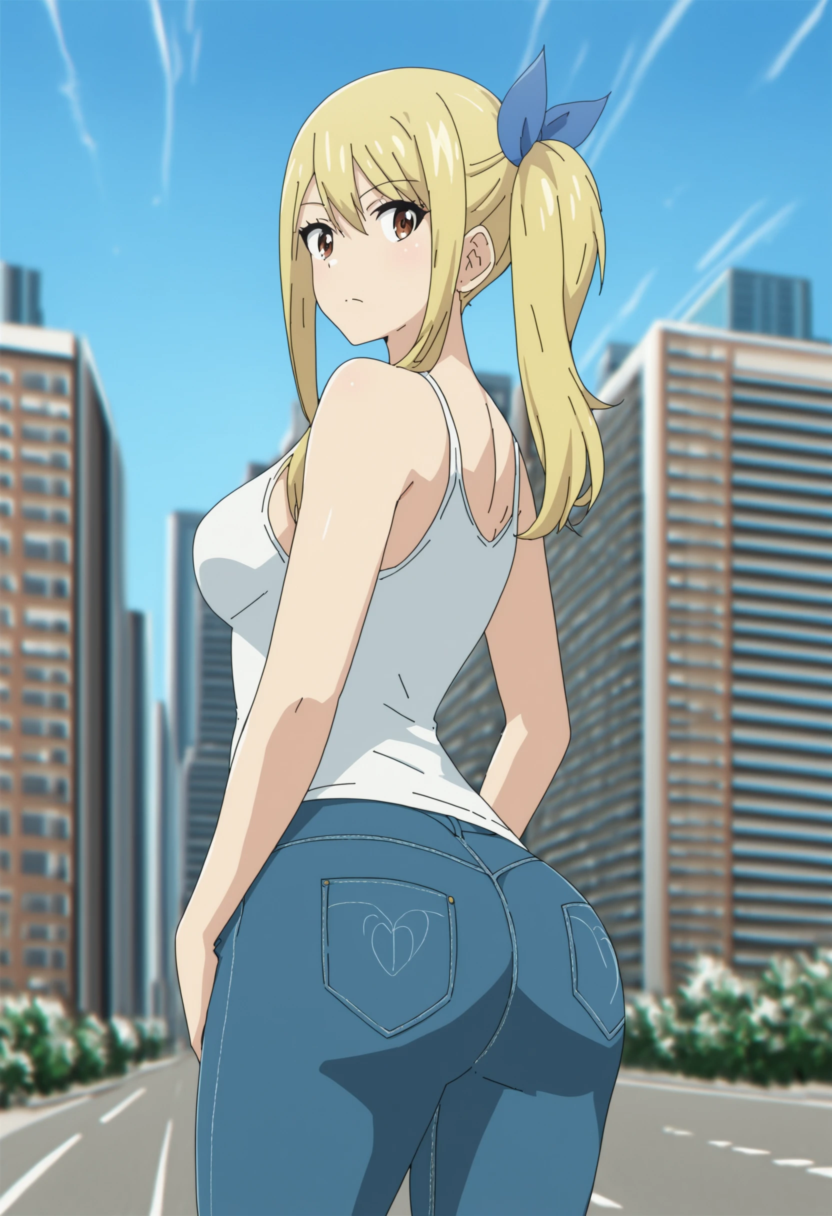 <lora:Lucy Heartfilia - [Fairy Tail - 100 Years Quest] - Pony Version 1:1>, score_9, source_anime, sysdeep_lucy100, solo, breasts, ribbon, closed_mouth, medium_breasts, hair_ribbon, sidelocks, side_ponytail, blue_ribbon, jeans, tank-top, city, street, looking_back