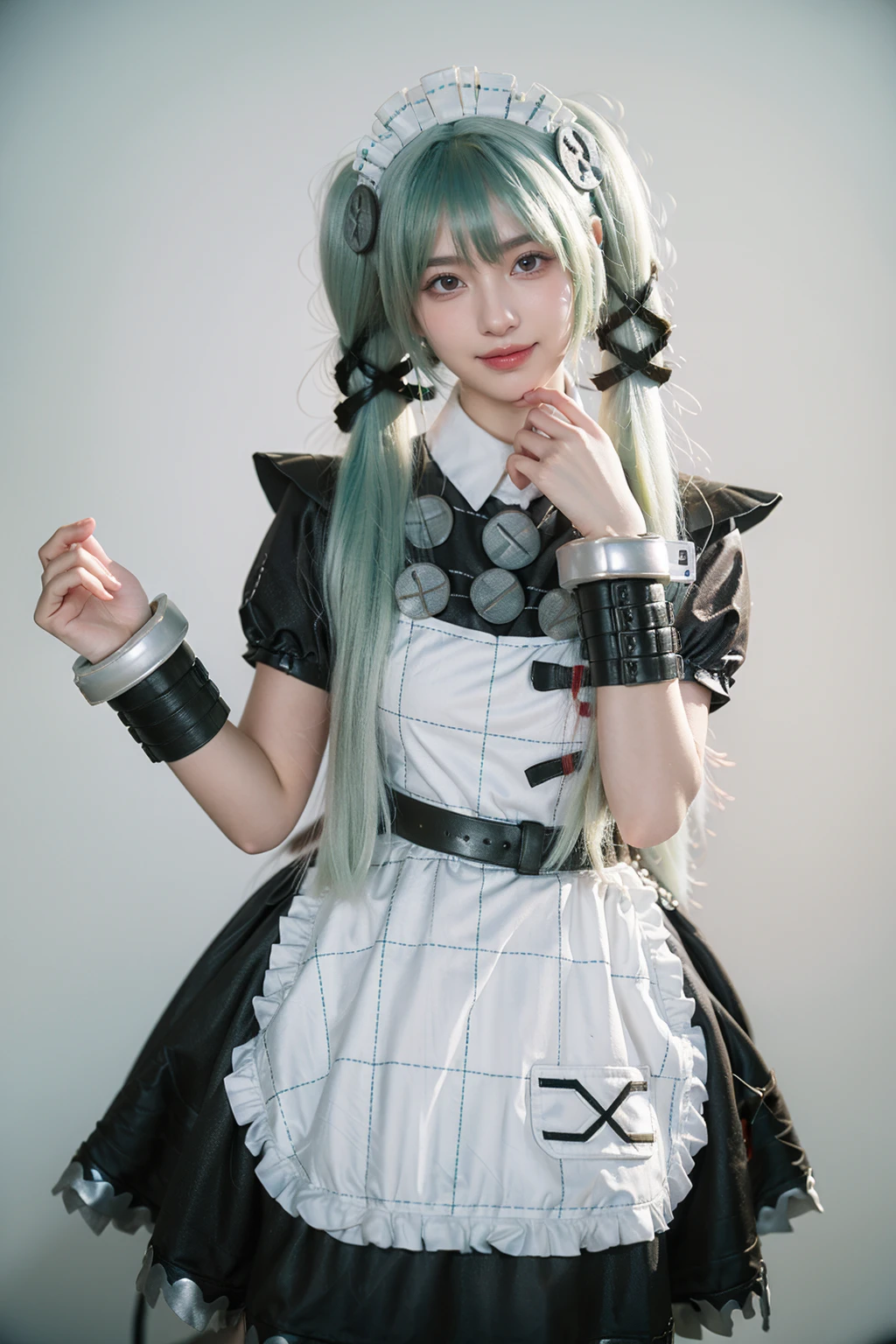 realistic,photorealistic,cowboy shot,1girl,solo,smile,looking at viewer,standing,corin cosplay costume,corin,cosplay,long hair,green hair,twintails,hair ornament,maid,dress,frilled dress,frills,apron,maid apron,maid headdress,puffy short sleeves,belt,chain,wrist cuffs,cuffs,handcuffs,ribbon,<lora:ZenlessZoneZero_Corin_cosplay_v1:0.7>,