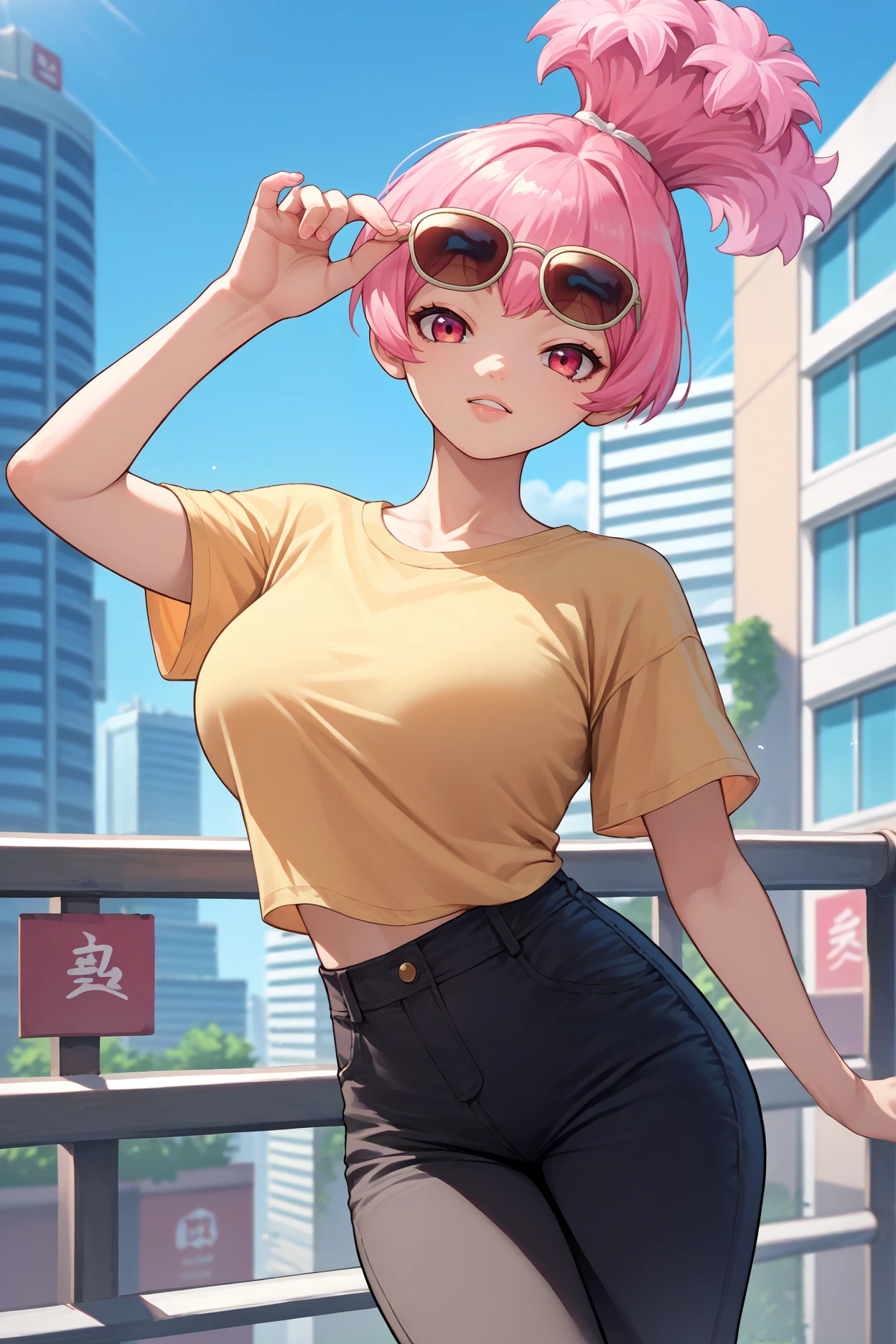 score_9, score_8_up, score_7_up, score_6_up, source_anime, 1girl, solo, <lora:dshomura-pdxl-nvwls-v1:1> dsHmra, pink hair, ponytail, big breasts, yellow t-shirt, black pants, sunglasses, city, looking at you, happy, blue sky