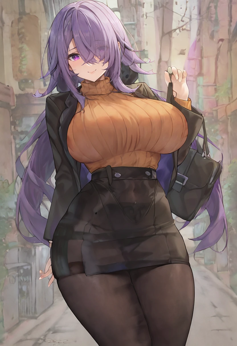 masterpiece, best quality, 1girl, skinny, large breasts, official,shirt, (undressing:1.4), pantyhose, eyewear on head, purple eyes, empty eyes, earrings, street, gigantic breasts, nagatiti