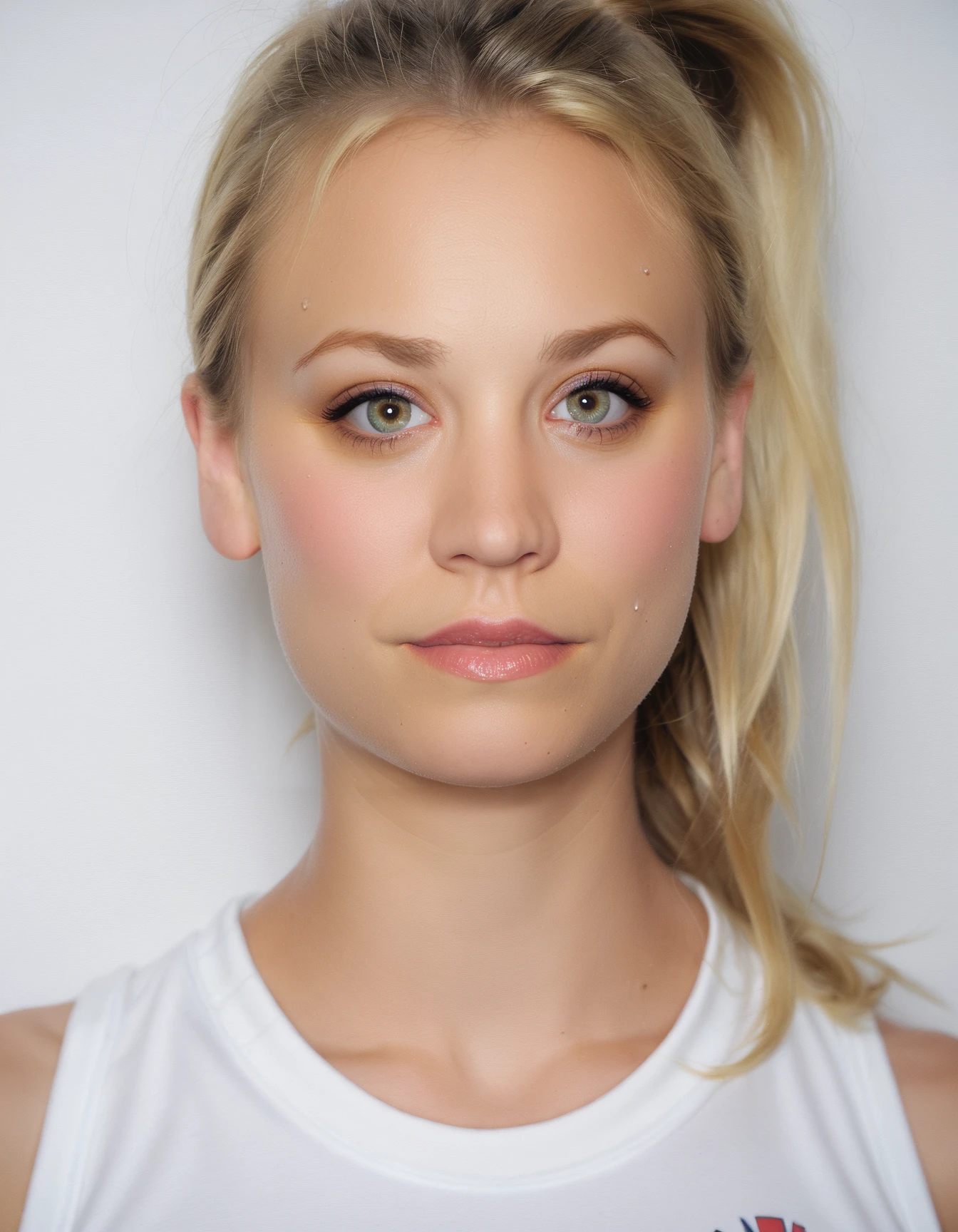 score_9, score_8_up, score_7_up, ohwx, 1girl, slim,realistic, close-up, blonde ponytail, <lora:CrunchyBanana_PONY_dora_kaley_cuoco:1>, white background, sweatpants, tank top, rating_safe