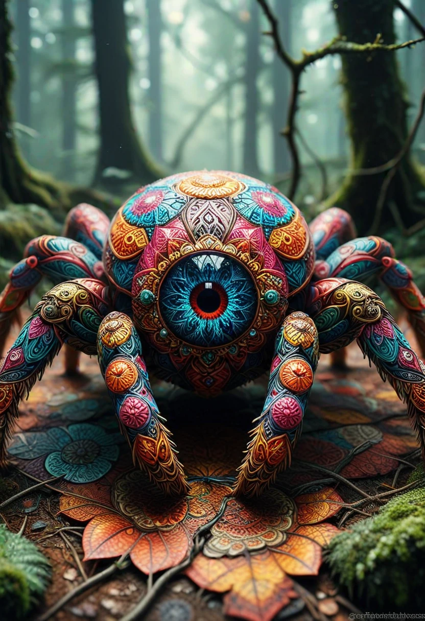 M4ND4L4S, spider with spider legs made of colorful mandalas, spider eyes, set in a forest, ,Masterpiece,best quality, photo, realistic, very aesthetic