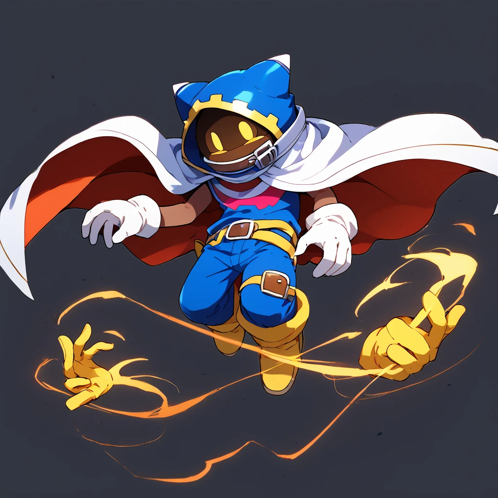 <lora:Magolor:1> no humans, cape, belt, dark skin, (floating limbs:1), gloves, hood, yellow eyes,