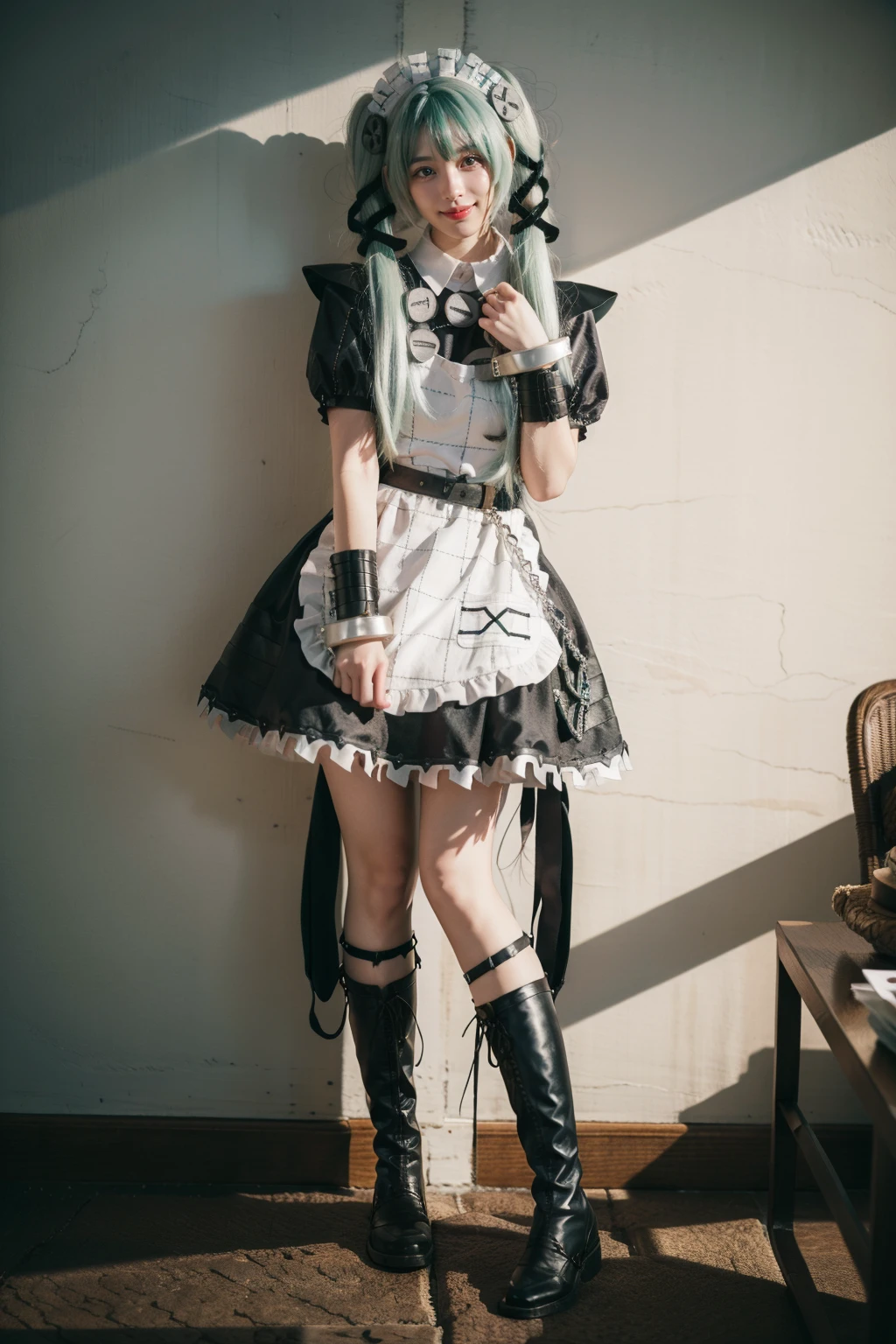 realistic,photorealistic,full body,1girl,solo,smile,looking at viewer,standing,corin cosplay costume,corin,cosplay,long hair,green hair,twintails,hair ornament,maid,dress,frilled dress,frills,apron,maid apron,maid headdress,puffy short sleeves,belt,chain,wrist cuffs,cuffs,handcuffs,ribbon,boots,knee boots,<lora:ZenlessZoneZero_Corin_cosplay_v1:0.7>,