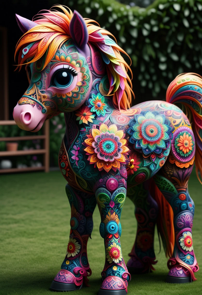 M4ND4L4S, (full shot) of a cute pony is made of colorful mandalas, long eye lashes,detailed eyes, set in a garden, ,Masterpiece,best quality, raw photo, realistic, very aesthetic