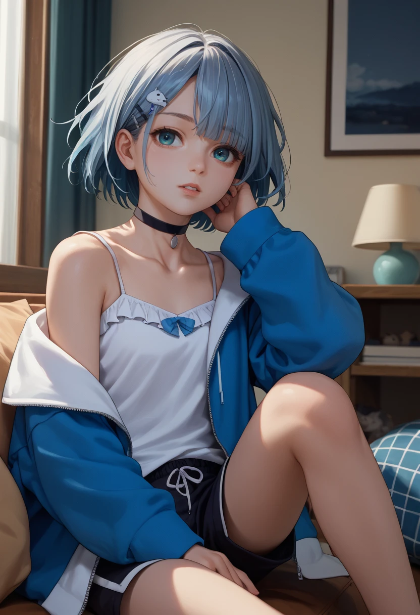 score_9, score_8_up, score_7_up, source_anime, solo, 1girl, kagaroomwear, parted lips, looking at viewer, sitting, short hair, hairclip, blue jacket, open jacket, off shoulder, long sleeves, white camisole, black shorts, black choker, collarbone, indoors, bedroom <lora:vspo_sumirekaga_ponyXL-a2-000006:1>