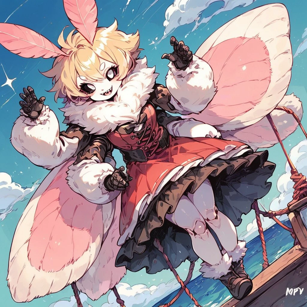 score_9, score_8_up, score_7_up, 1girl, solo, moth girl, pink wings, white wings, moth fluffy wings, fluffy body, yellow fur body hair, white skin, white eyes, fur four arms, extra arms, joints, black sclera, short hair, blonde, straight hair, sharp tooth, cute smile, plump, cute, looking at viewer, white fluffy dress,  little  female, pink antennae, tomboy, red skirt, cute pose, ship background, legs, full body, dutch angle,