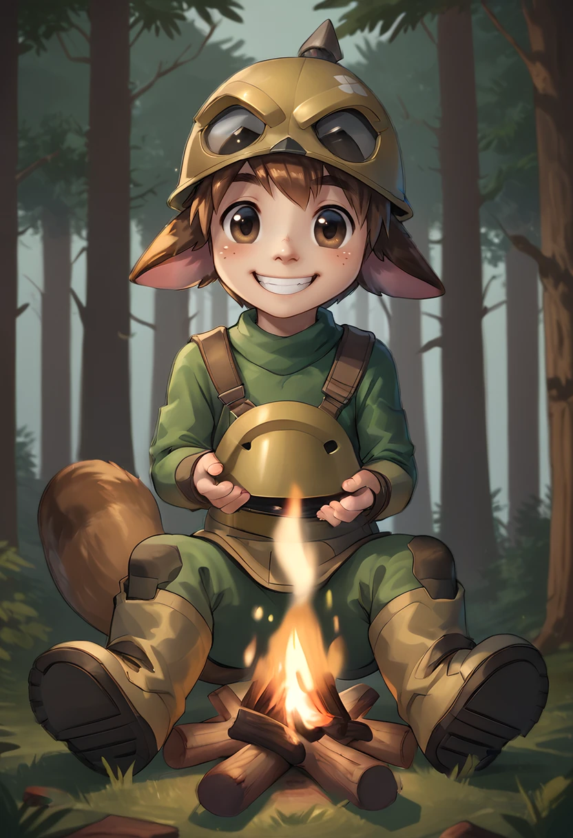 score_9, score_8_up, score_8,
<lora:Roger_S_Huxley_Star_Ocean_for_PonyXL:0.8> 1boy, r0g3r, animal ears, young, brown hair, helmet, tail, brown eyes,
forest, camping, campfire, smile, solo,