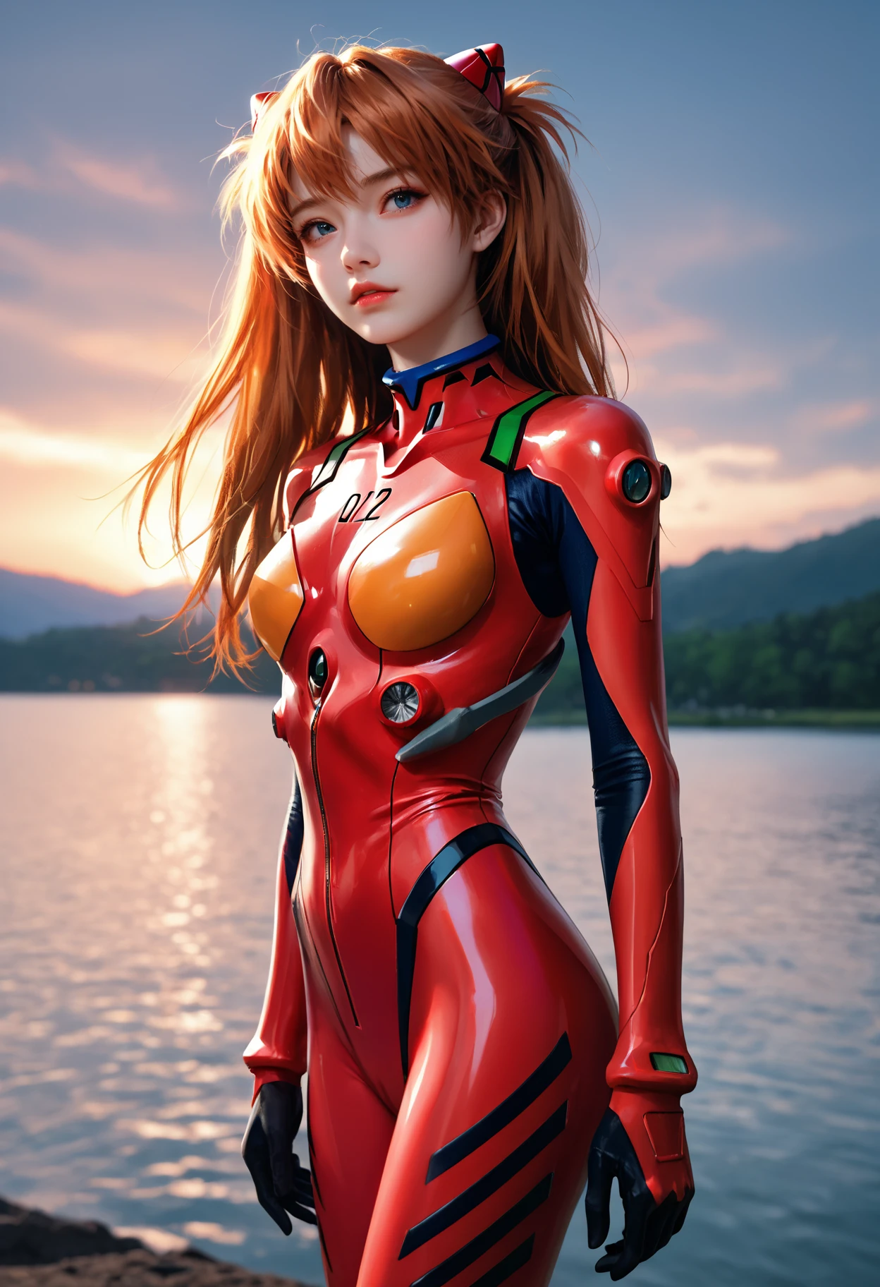 solo,skinny fashion cute italian model,Asuka Langley cosplay,red evangelion spandex suit,softlight passing through hair,lake background,sunset,dynamic angle,parted lips,full lips,, cinematic film still,score_9,score_8_up,score_7_up,dramatic lighting,(realistic:1.3),highly detailed,high budget,bokeh,cinemascope,moody,epic,gorgeous,film grain,grainy,masterpiece,best quality,perfect anatomy,very aesthetic,official art,8k,