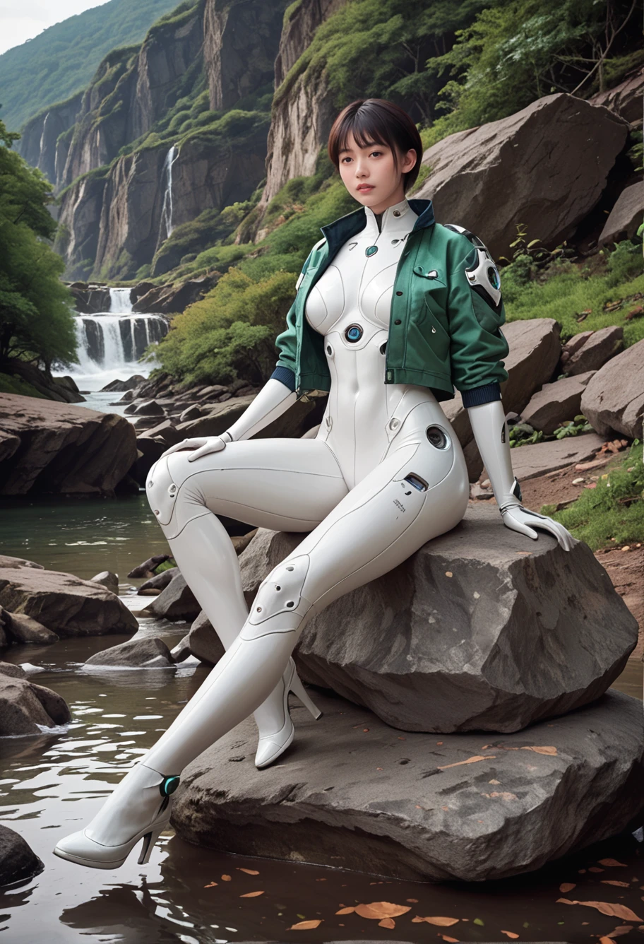 1girl,solo,,ruanyi0812,white bodysuit,skin tight,science fiction,green jacket,open jacket,full body,sitting on rock,<lora:0812 TheFirstDescendant Clothing_v1_pony:1>, score_9,score_8_up,score_7_up,,8k,1girl,solo,,