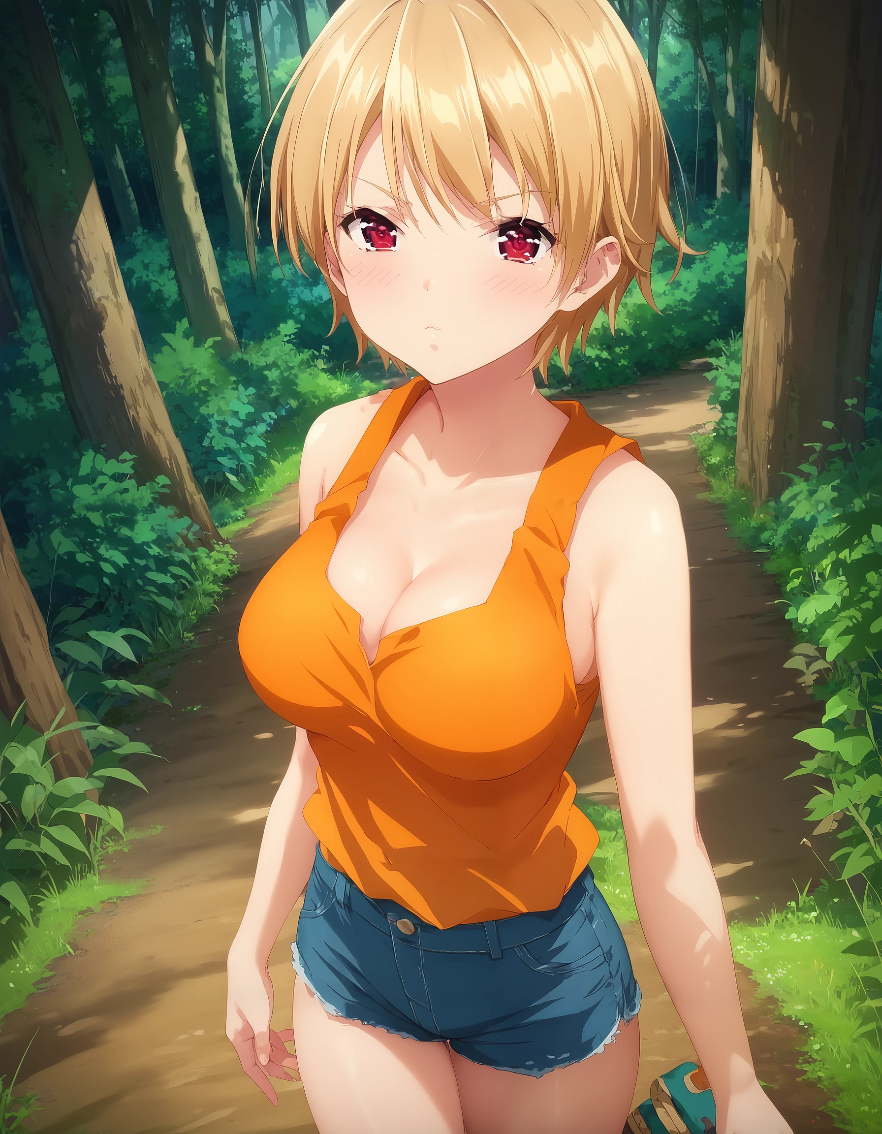 score_9, score_8_up, score_7_up, masterpiece, absurdres, source_anime, perfect anatomy,

1girl, solo, HarukiAzuma, blonde hair, short hair, very short hair, red eyes, big breast, blush,

orange blouse, cleavage, sleeveless, jean shorts,
outdoors, forest, camp,

looking at viewer, dutch angle, cowboy shot,