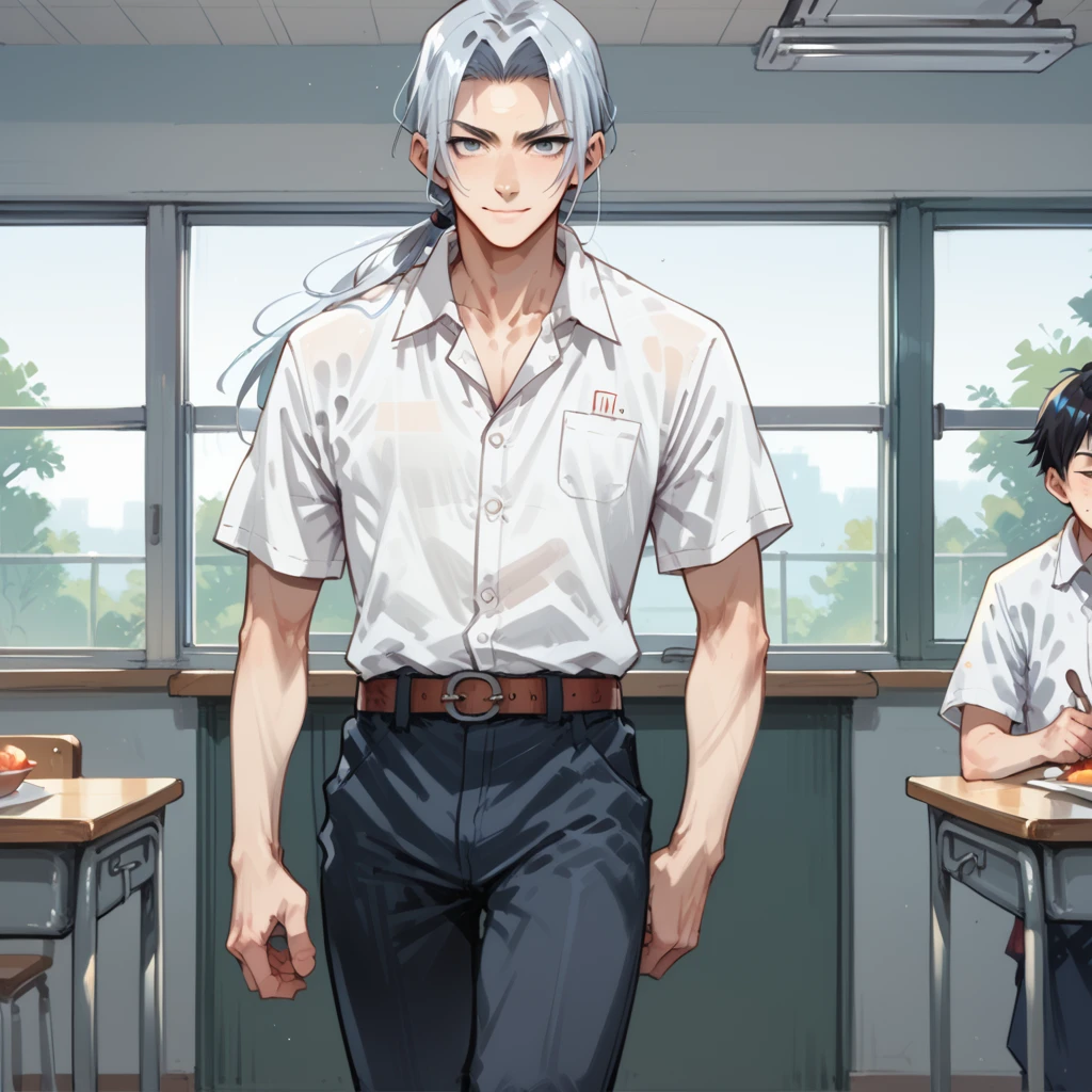 shin natsume, tenjo tenge, ah1, 1boy, long hair, gray hair, parted bangs, score_9, score_8_up, score_7_up, score_6_up, source_anime, white shirt, simple background, <lora:Shin_Natsume_from_Tenjo_Tenge:1>, (Legs Crossed), (Culinary Arts Classroom, equipped with stoves and ovens, students practicing techniques, chef walking around providing feedback, ingredient pantry in the corner), grey eyes, smiling, happy, ponytail,