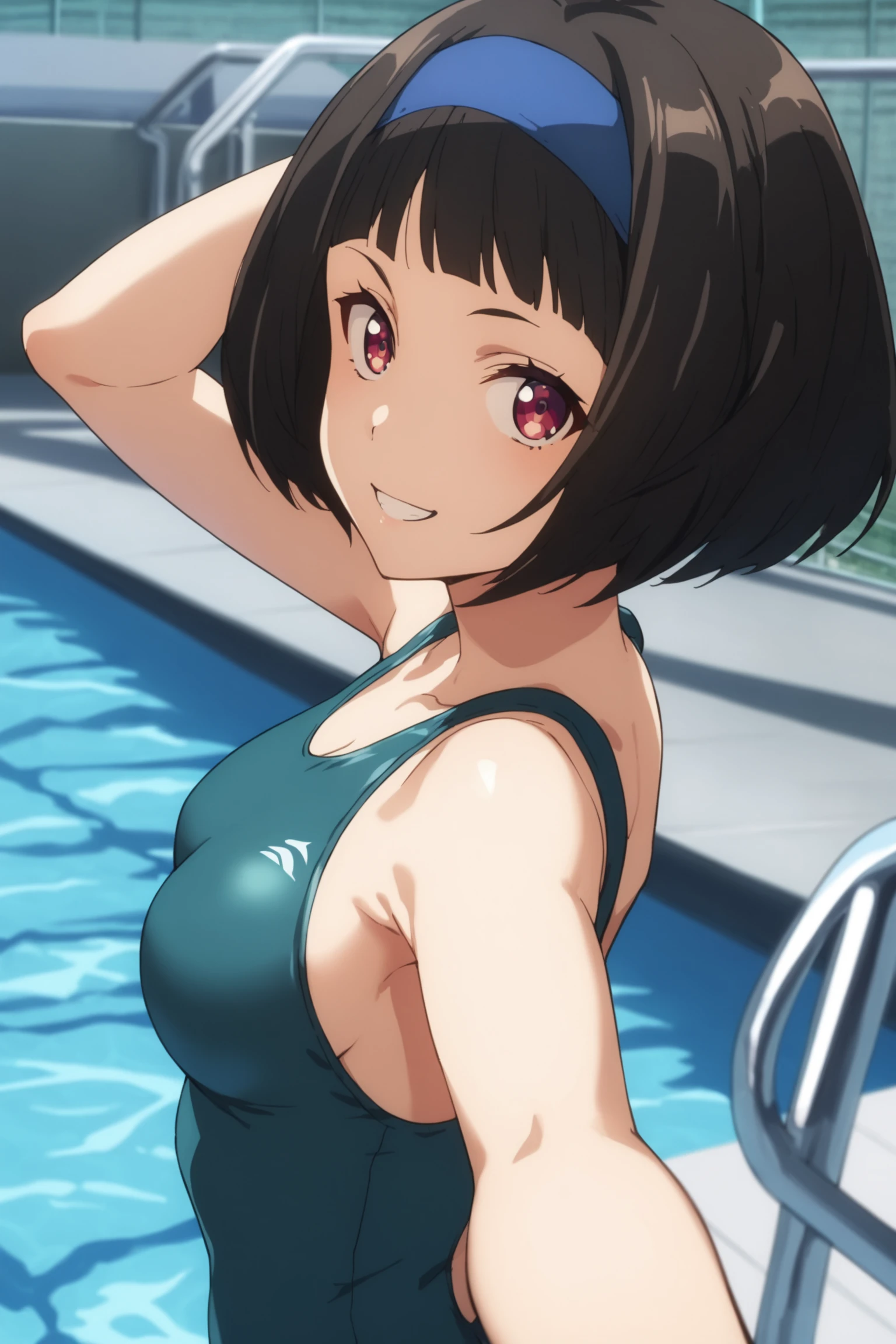 score_9, score_8_up, score_7_up, score_6_up, score_5_up, source_anime, rating_safe, medium breasts, indoors, swimming pool, 1girl, solo, looking at viewer, kazuki ferrari, short hair, black hair, bob cut, blue hairband, green competition swimsuit, <lora:Kazuki_Ferrari:0.8>, smile, selfie