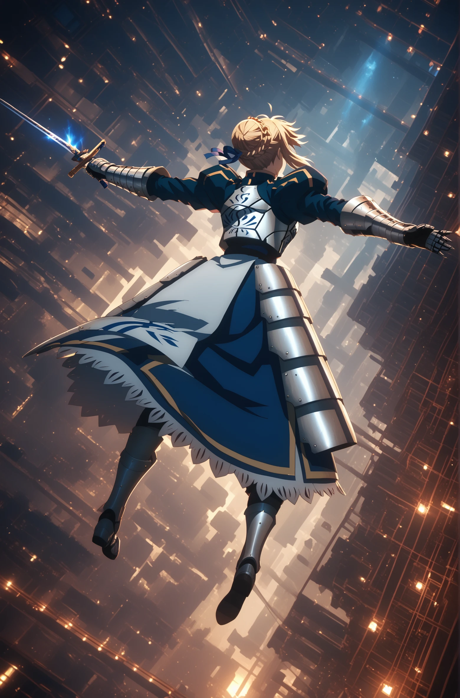 score_9, score_8_up, score_7_up, score_6_up, source_anime,  <lora:infinity castle:0.85> building, scenery, night, spark , dark,  bridge, motion blur,  outstretched arms, falling, japanese interior, 1girl, solo, <lora:artoria-pendragon-hf-ponyxl-lora-nochekaiser:0.75> artoria pendragon, artoria pendragon \(fate\), saber, blonde hair,  sidelocks, || hair bun, single hair bun, braid, dress, ribbon, hair ribbon, armor, gauntlets, armored dress, from side, from behind, holding weapon, sword,