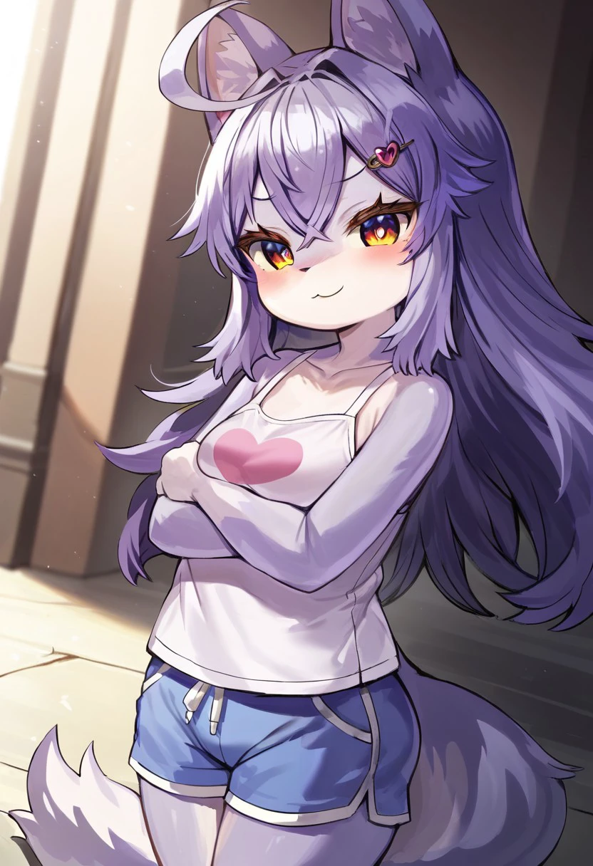 Solo, 1girl, female, young, small body, shortstack, cute face, furry, hair ornament, heart hairclip, bangs, purple hair, ahoge, long hair, breast, wolf ears, wolf tail, wolf girl, hair between eyes, animal ears fluff, body fur, white fur, yellow eyes, animal nose, detailed eyes, detailed skin, detailed eyes, perfect face, blush, smiling, happy, BREAK long camisole, shorts, BREAK modeling, standing, outdoors, courtyard, colorful, looking at viewer, dutch angle, side view, BREAK ((ultra-detailed)), ((best quality)), ((best quality)), ((beautiful eyes)), ((extremely detailed)), 4K, (8K), best quality, (beautiful), Master piece, highres, score_9, score_8_up, score_7_up, score_6_up, score_5_up, score_4_up, colorful, best quality, official art, highres, masterpiece, nai3, god light, detailed background, high quality background,