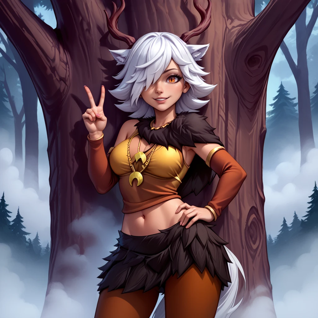 1girl,solo,<lora:tirsiak (4):1>,deer girl,antlers,white hair,animal ears,tail,hair over one eye,orange eyes,slit pupils,crescent moon necklace,fur capelet,brown shirt,yellow bikini top,fur skirt,brown legwear,detached sleeves,midriff peek,
forest,outdoors,bare tree,fog,
looking at viewer,smile,hand up,v,hand on own hip,standing,back against tree,, score_9, score_8_up, score_7_up, perfect anatomy, source_anime, zPDXL2,