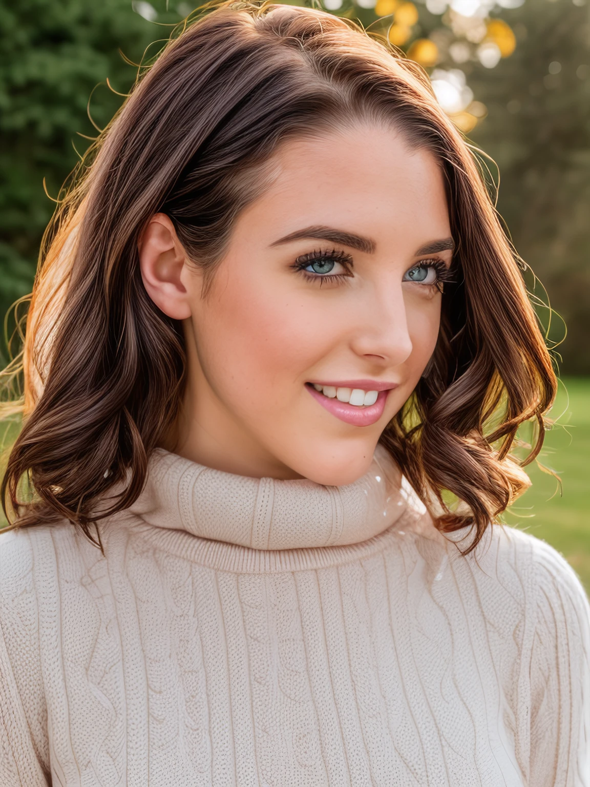 awhite, professional portrait of 1girl,  short hair, smile, grin, shiny lips, blue eyes, polka dots, turtleneck, outdoors, shadows, realistic, ambient lighting, lip gloss, big lips, pale skin, skin details <skinhairdetail>