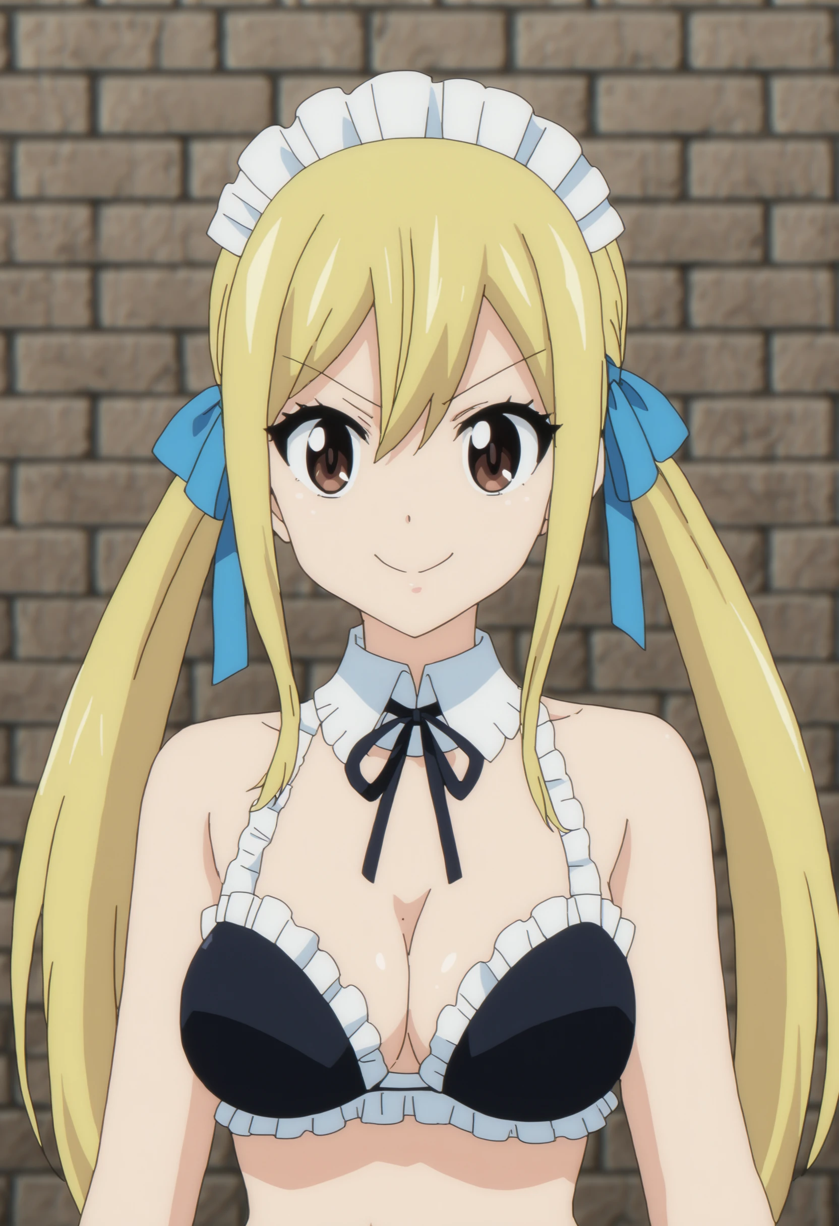 <lora:Lucy Heartfilia - [Fairy Tail - 100 Years Quest] - SDXL Version 1:1>,  sysdeep_lucy100, solo, breasts, large_breasts, bow, ribbon, hair_between_eyes, closed_mouth, cleavage, bare_shoulders, twintails, medium_breasts, upper_body, swimsuit, hair_ribbon, sidelocks, hair_bow, bikini, frills, collar, v-shaped_eyebrows, maid, maid_headdress, neck_ribbon, black_ribbon, detached_collar, black_bikini, blue_bow, smile, blue_ribbon, frilled_bikini, brick_wall, unconventional_maid, maid_bikini, anime_coloring