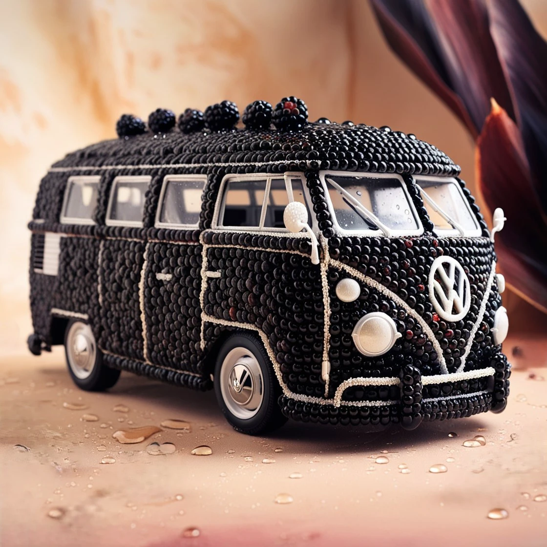 blackberryworld Volkswagen hippie bus, tiny droplets of dew, soft background with warm earthy tones