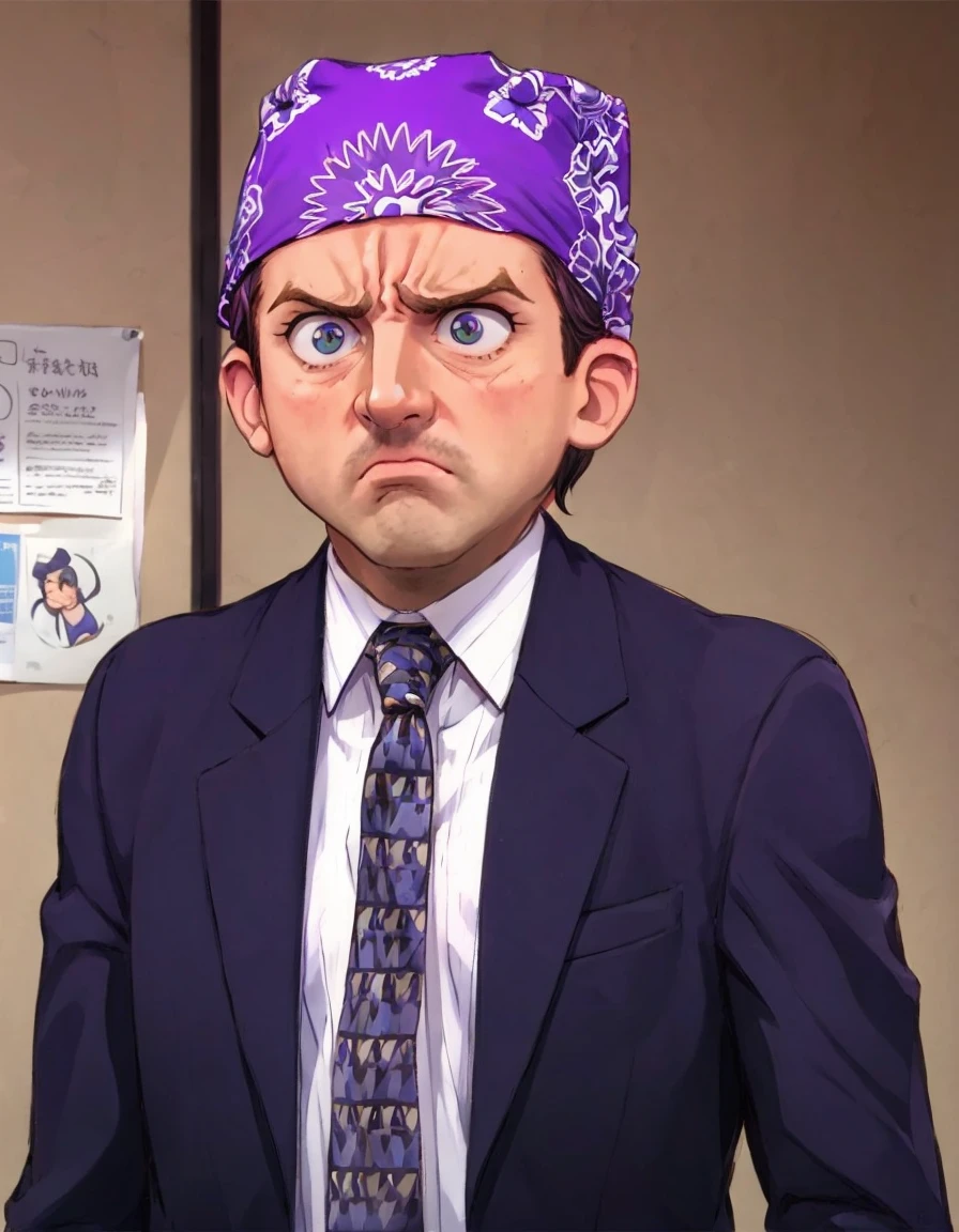 <lora:PRISONMIKE-000005:0.9> PRISONMIKE man, standing in an office, bandana, eyes wide open, suit, steve carrell, angry, pupils, frown,
1boy, hd, anime cartoon style,