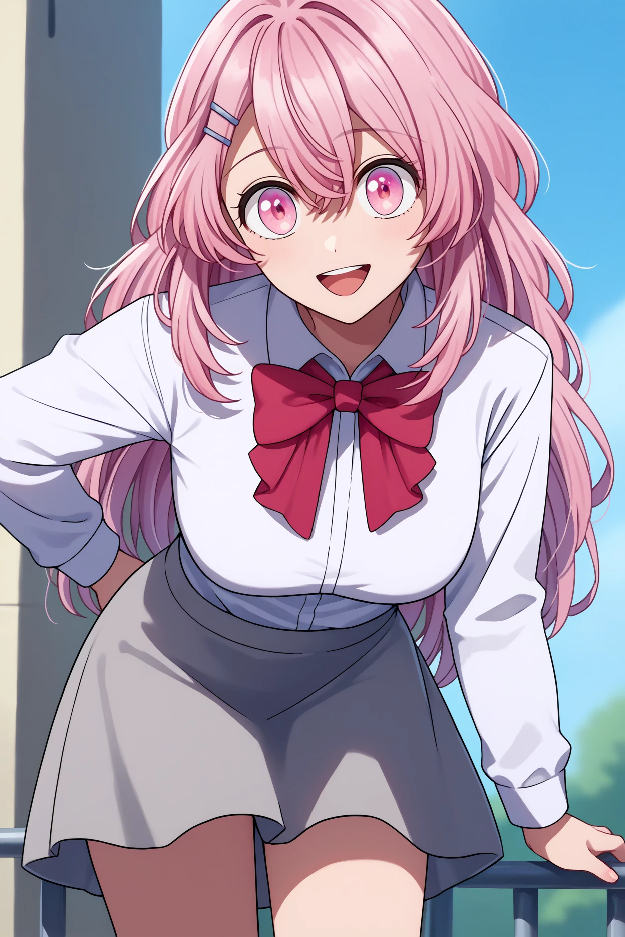 score_9, score_8_up, score_7_up, score_6_up, source_anime, 1girl, solo,  <lora:kotobukiminami-pdxl-nvwls-v1-000006:1> mkoto, pink hair, long hair, hairclip, white shirt, collared shirt, long sleeves, red bowtie, red ribbon, grey skirt, thighs, leaning forward, happy, looking at you, blue sky