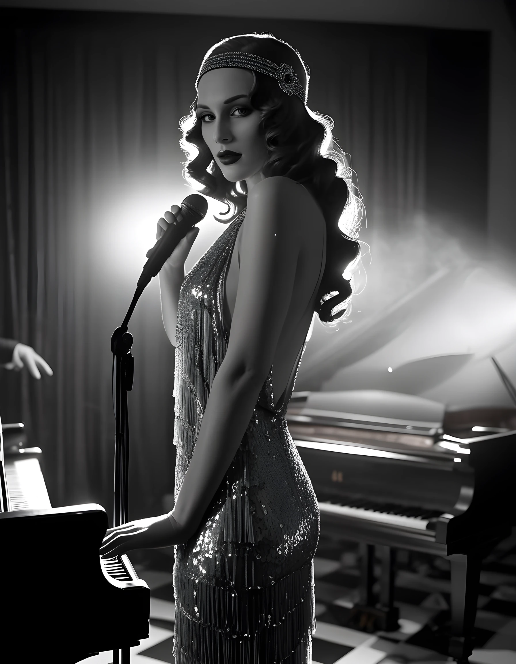 54R4H6, In a dimly lit, vintage jazz club set in the 1920s Paris, a captivating woman with a striking silhouette and long, flowing curls adorned in a sequined, fringed flapper dress takes center stage. With a sultry gaze fixed on the viewer, her expressive closed-mouth lips painted a bold red and delicate nose framed by an intricate, feathered headpiece, she poses confidently with one hand resting on the velvet microphone stand, bathed in the warm, smoky glow of the spotlight against a backdrop of black-and-white checkered floors, a grand piano, and a sea of enraptured onlookers, all caught in a moment of pure, unfiltered emotion.