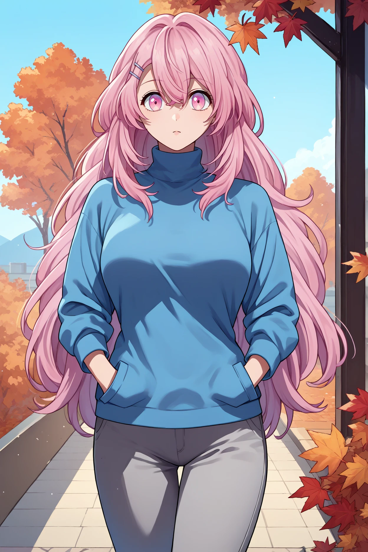 score_9, score_8_up, score_7_up, score_6_up, source_anime, 1girl, solo,  <lora:kotobukiminami-pdxl-nvwls-v1-000006:1> mkoto, pink hair, long hair, hairclip, blue sweater, grey pants, hands in pockets, looking at you, autumn, blue sky, breasts