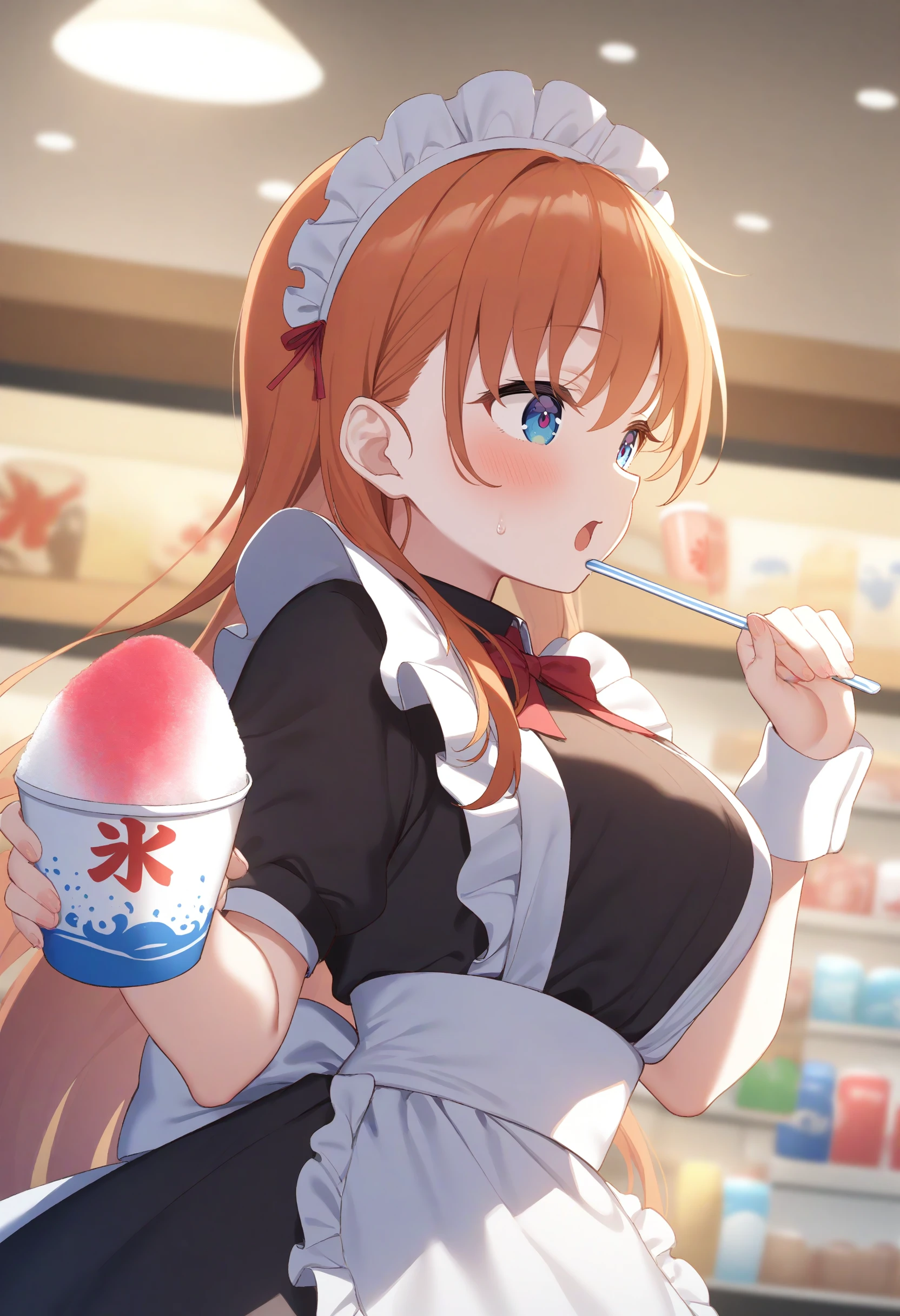 1girl,sincos, ningen mame, toosaka asagi,solo,large breasts,20yo,maid,maid headdress,
shaved ice,<lora:shavedice_XL_v1:0.8>
holding drinking straw, spoon straw, eating,
from side, fisheye lens, looking down, orange hair, gray eyes,expressionless, underground mall, open mouth, bowl cut hair,,
best quality, very aesthetic, absurdres