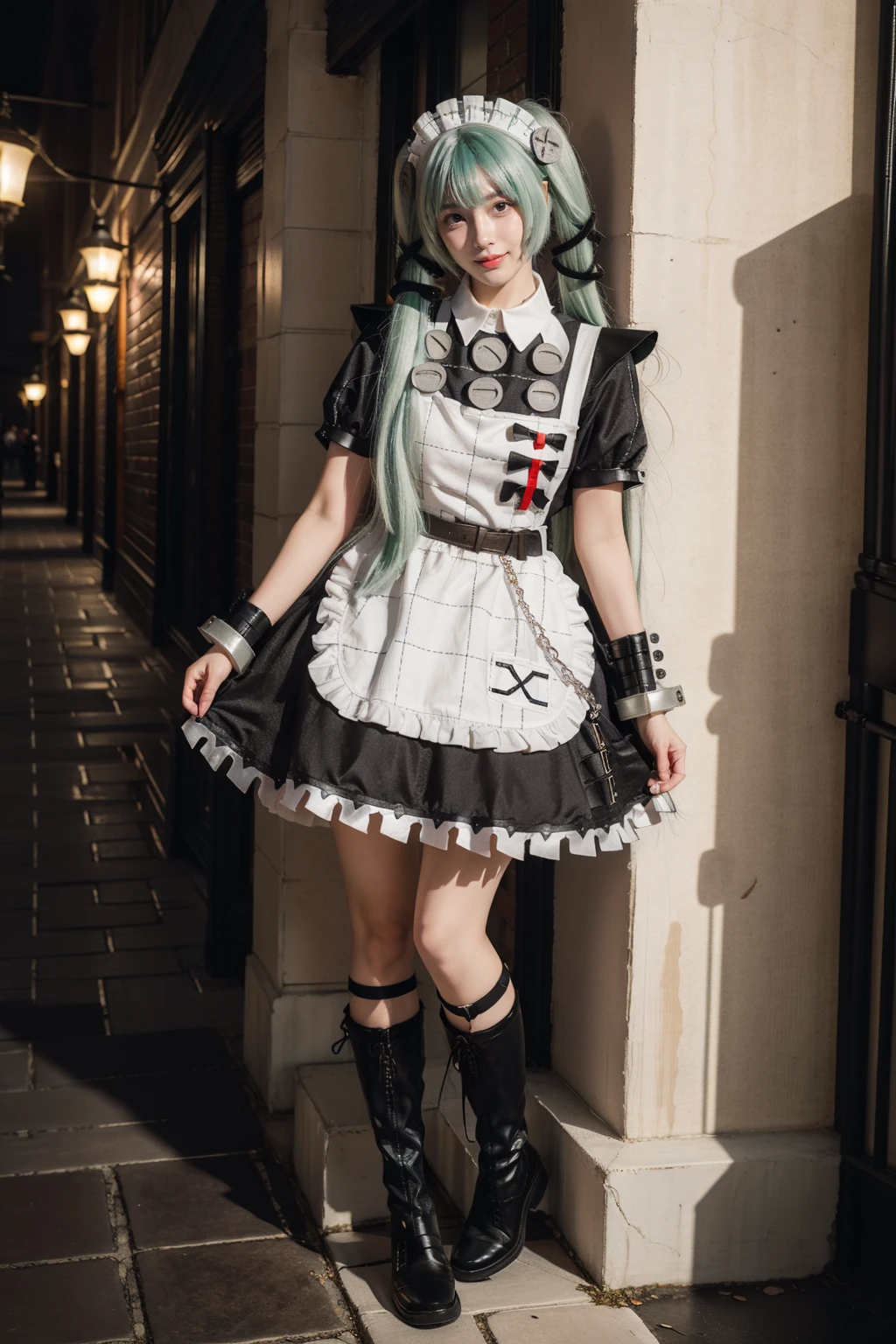 realistic,photorealistic,full body,1girl,solo,smile,looking at viewer,standing,corin cosplay costume,corin,cosplay,long hair,green hair,twintails,hair ornament,maid,dress,frilled dress,frills,apron,maid apron,maid headdress,puffy short sleeves,belt,chain,wrist cuffs,cuffs,handcuffs,ribbon,boots,knee boots,night,street,lamp,people,<lora:ZenlessZoneZero_Corin_cosplay_v1:0.7>,
