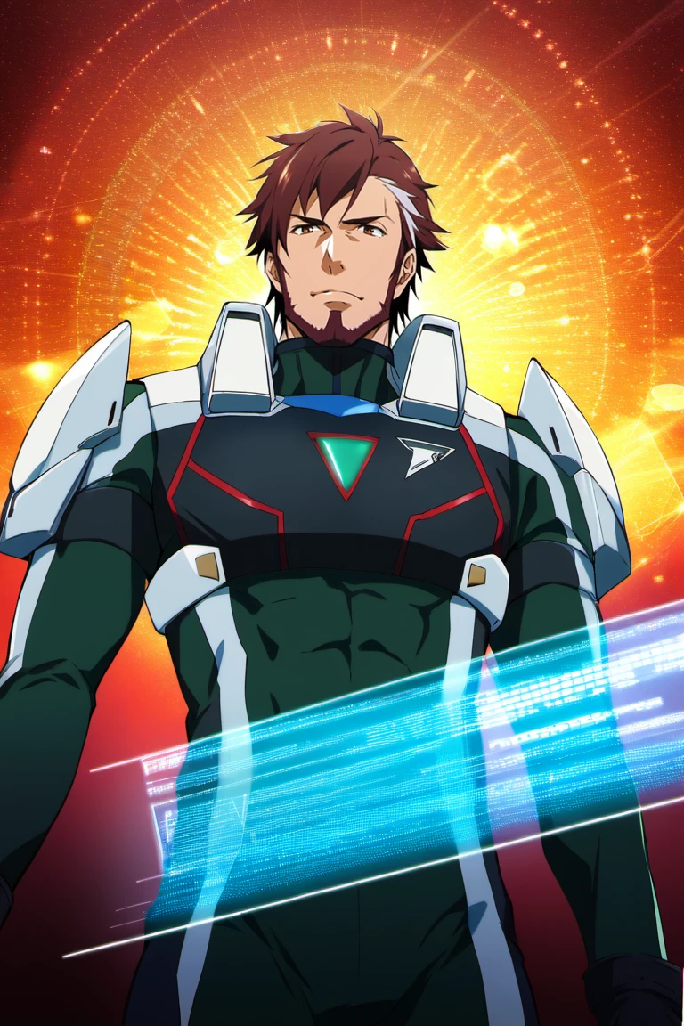 score_9, score_8_up, score_7_up, score_6_up, source_anime\(Macross Î\), perfect anatomy, perfect proportions, best quality, masterpiece, high-resolution, high quality, aesthetic, absurdres, (male focus), solo male, Arad MÃ¶lders, brown hair, two-tone hair, streaked hair, sideburns, brown eyes, facial hair, chinstrap beard, jawline beard, mecha pilot suit, Delta Flight bodysuit \(Macross Î\), Arad's bodysuit \(Macross Î\), black tactical gloves, footwear, adult, mature, masculine, manly, handsome, charming, alluring, standing, upper body, dutch angle, cowboy shot, from below, feet out of frame, photo background, science fiction, holography display, cinematic, harmonious, bokeh, cinemascope, moody, epic, gorgeous<lora:EMS-431725-EMS:0.800000>