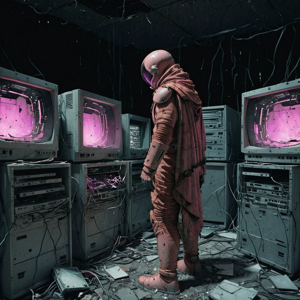 Engulfed by space, a cloaked astronaut stands in the gloom surrounded by broken computers, intricate detail, 16k, digital art, space, cinematic lighting, vivid, professional 3d model analog film photo, a portrait of an old space man, faded film, desaturated, very grainy, bitmap effect, stained, highly detailed, found footage, octane render, dramatic pink lighting