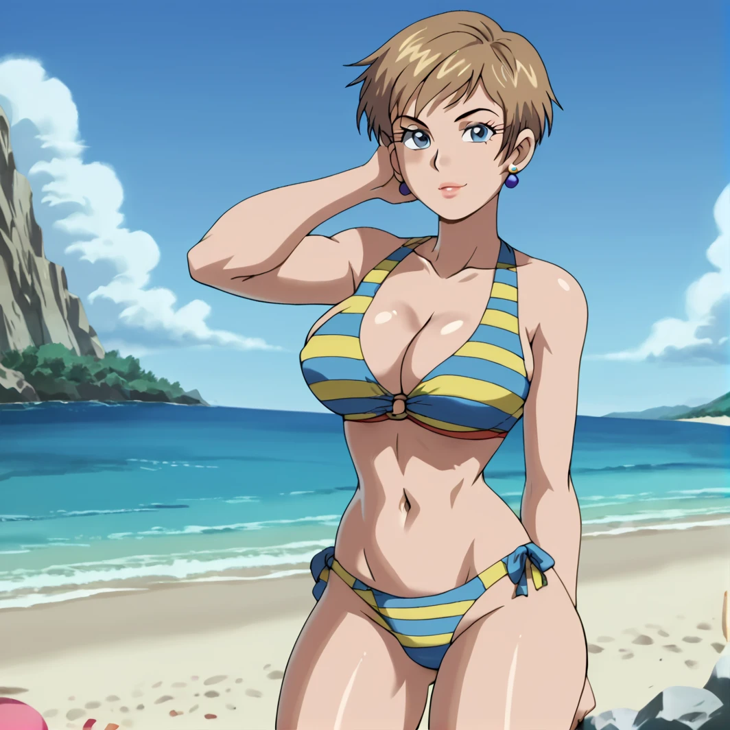 score_9, score_8_up, score_7_up, score_6_up, score_5_up, score_4_up, BREAK,  <lora:Topazsonicx:0.8>, topazsonicx, topazsonicx, 1girl, solo, outside, beach, wearing striped bikini, navel, wide hips, large breasts, short hair, brown hair, posing, earrings, blue eyes, looking at viewer, <lora:nyantcha_style_xl_pd_goofy:1>