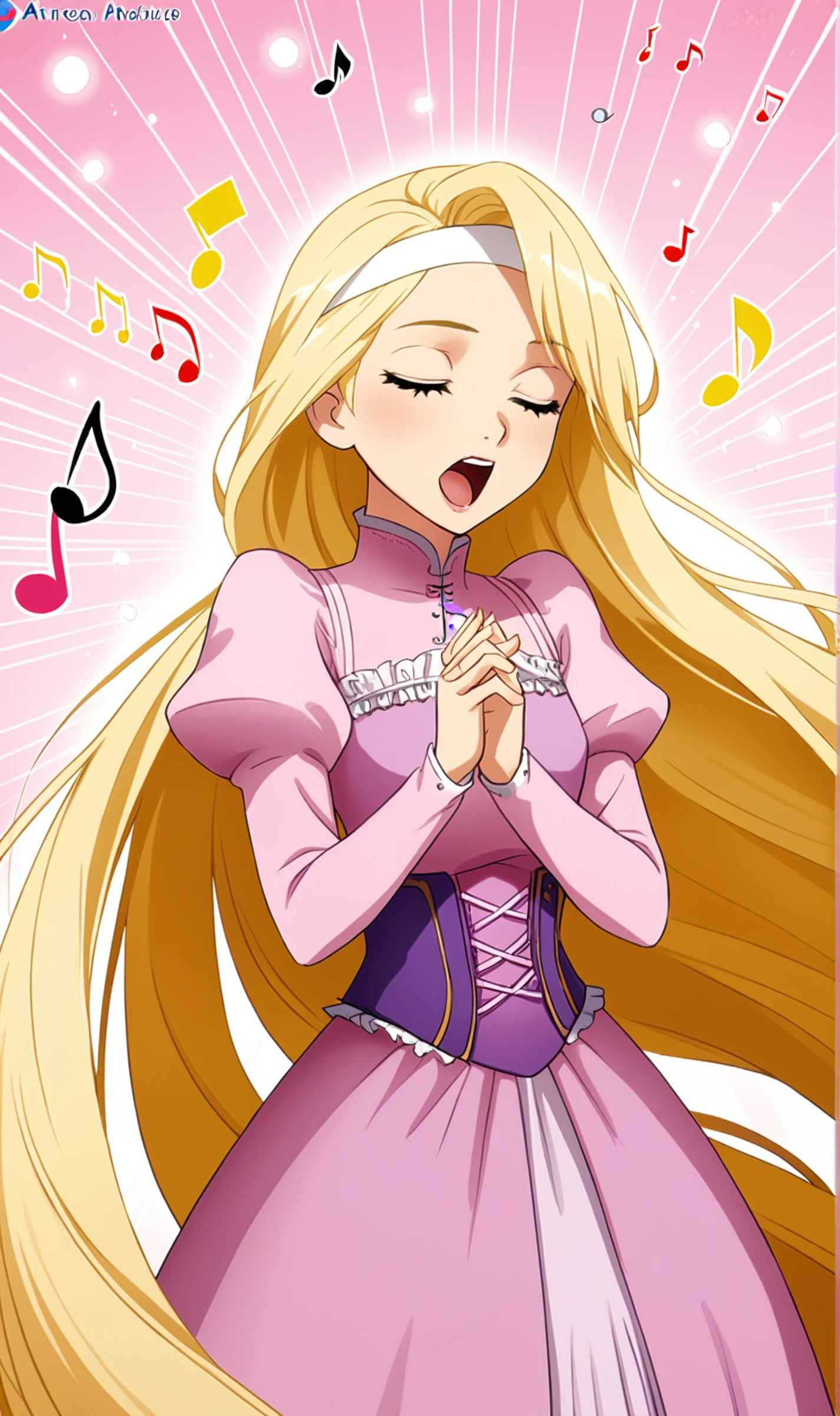 AZ, 1girl, solo, blonde hair, closed eyes, white hairband, rapunzel, extremely long hair, pink medieval dress, hands together, singing, musical notes floating,<lora:Alice Zuberg Pony XL:0.75>