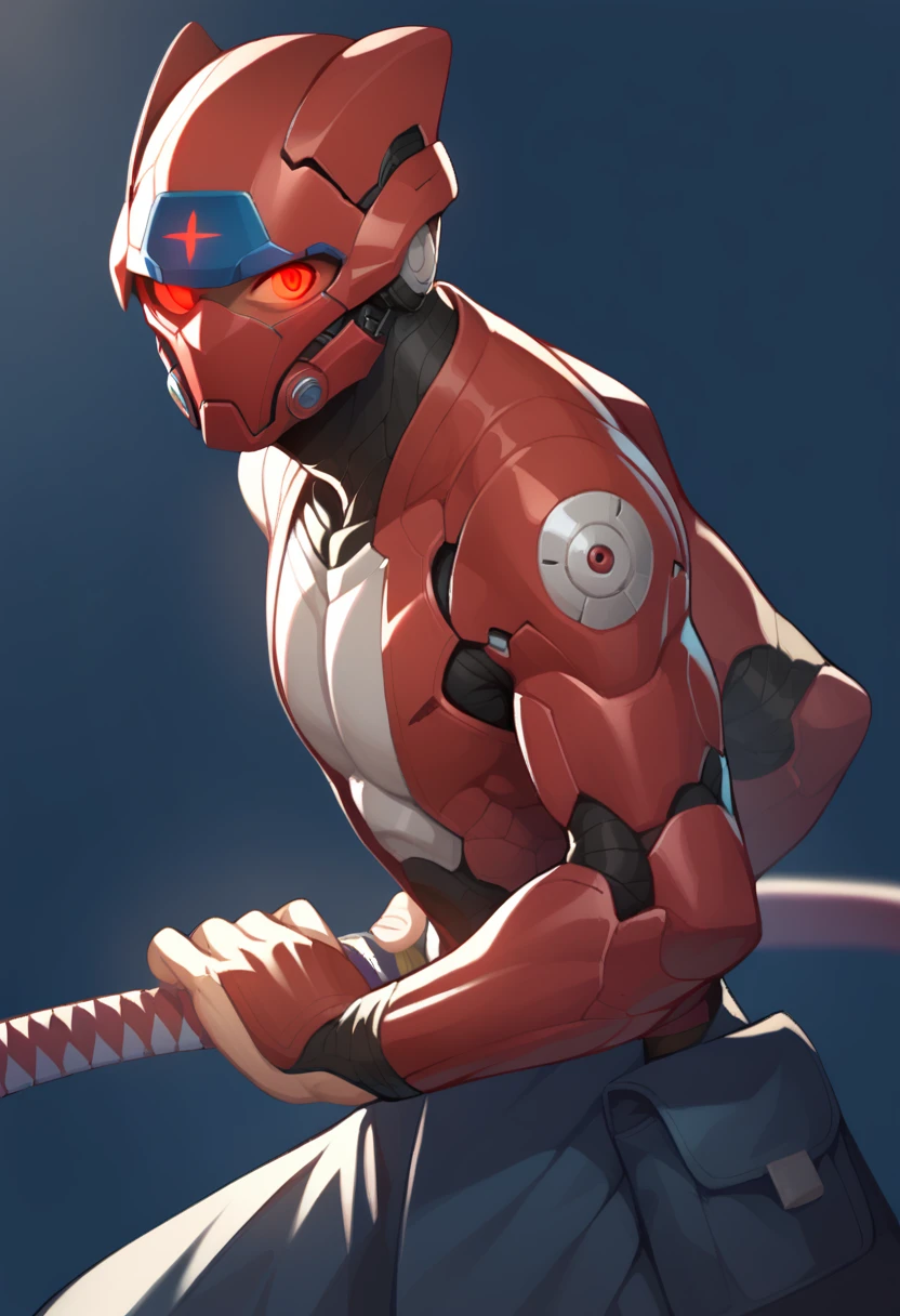 score_9,score_8_up,score_7_up,<lora:Draw_the_sword:1>,badao,weapon,solo,sword,1boy,male focus,cyborg,katana,science fiction,glowing,holding,holding sword,holding weapon,simple background,glowing eye,helmet,red eyes,sheath,blue background,from side,